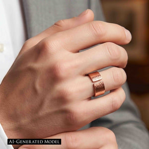 2 of 9: Hand wearing a polished copper bark texture open cuff ring with squared ends, styled with a light gray jacket and white shirt for a refined everyday menswear look.  AI Generate Model.