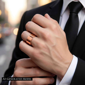 7 of 9: Hand wearing a polished copper bark texture cuff ring with open ends, styled with a black suit, white shirt, and black tie for a formal menswear look.  AI Generated Model.