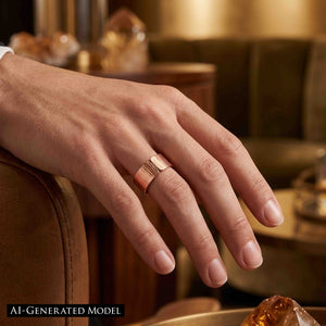 6 of 8: Lifestyle close up of a hand resting on the arm of a brown leather chair while wearing a wide copper cuff ring on the ring finger. The handmade ring has an open back and a hand chased texture with fine linear markings and a polished copper glow. Warm indoor lighting, wood tones, and softly blurred crystals in the background give the scene a rich, modern artisan feel.  AI Generated Model.