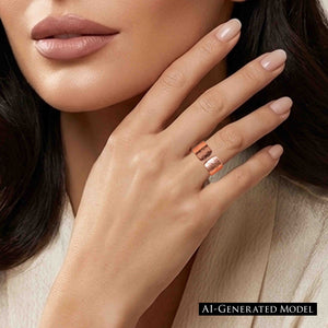 4 of 9: Close up of a woman wearing a wide hammered copper cuff ring on her finger, featuring a polished finish and open front design. Her hand is gently raised near her face, showing soft neutral makeup and a beige outfit, while the ring’s warm copper tone and textured surface catch the light for a refined, modern look.  AI Generated Model.