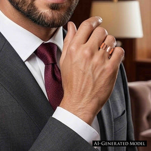 6 of 9: Close up of a man in a gray suit and burgundy tie wearing a wide hammered copper cuff ring on his finger. His hand is raised near his face, highlighting the ring’s polished surface and open cuff design, with warm copper tones contrasting against his formal attire and softly lit indoor background.  AI Generated Model.