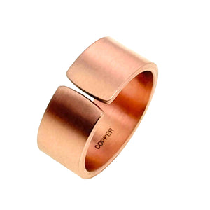 3 of 9: Matte copper cuff ring with a wide 10mm band and open adjustable design, featuring a smooth hand polished finish and warm reddish copper tone, shown on a white background with “Copper” stamped inside the band.