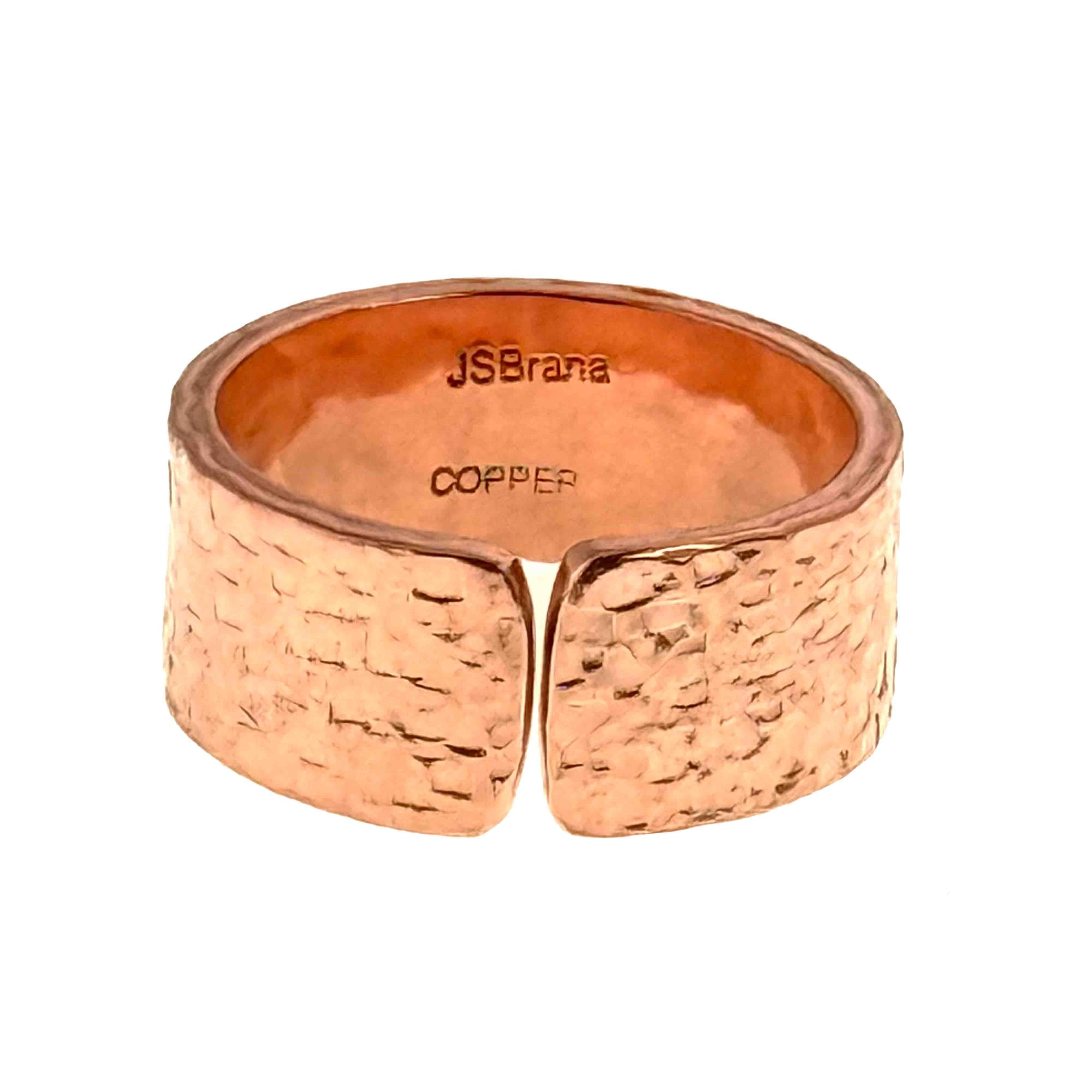 10mm Texturized Copper Cuff Ring with 'JSBrana' branding on a white background