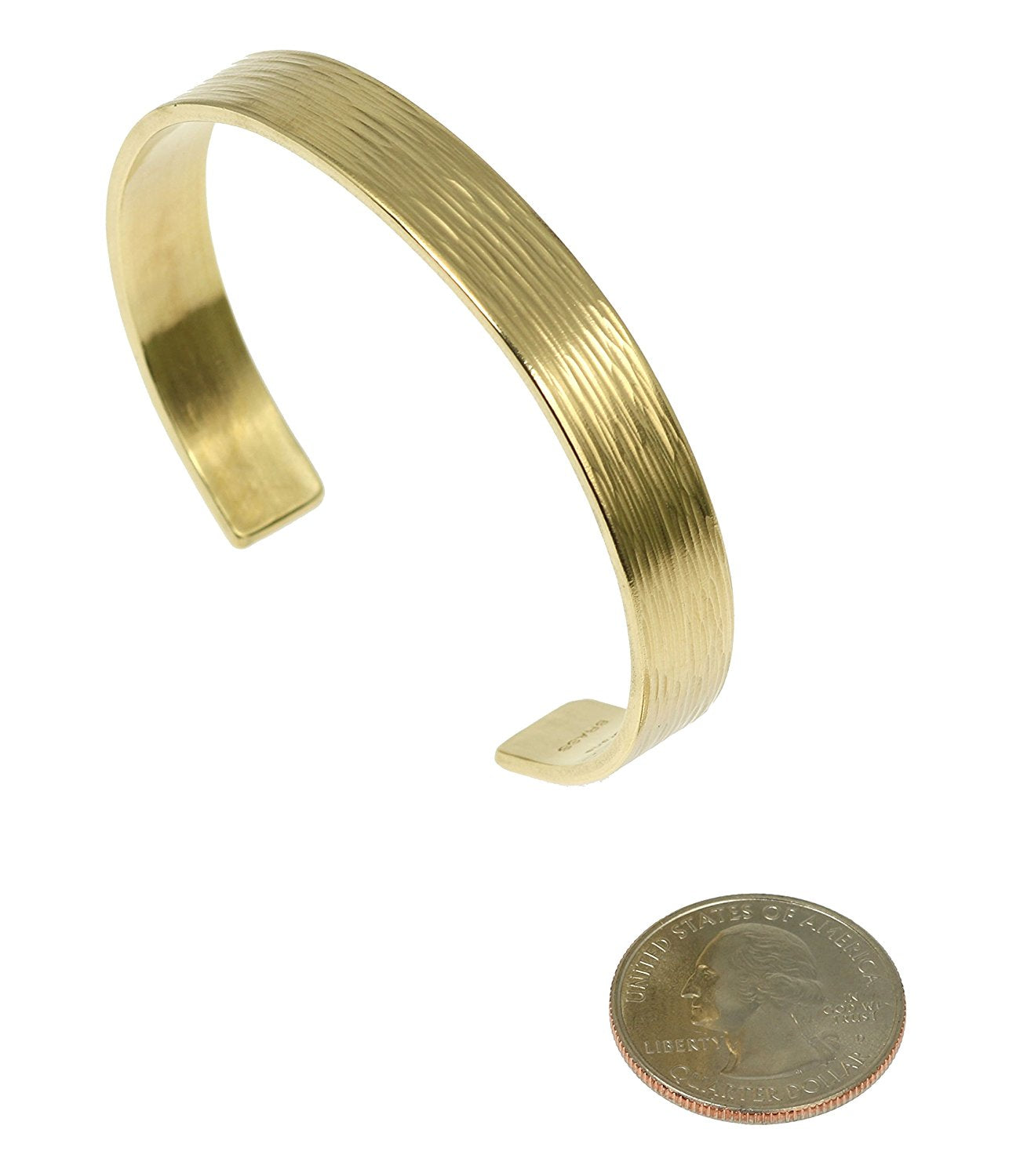 10mm Wide Bark Nu Gold Tone Brass Cuff Bracelet Compared to a US Quarter Coin for Size Dimensions