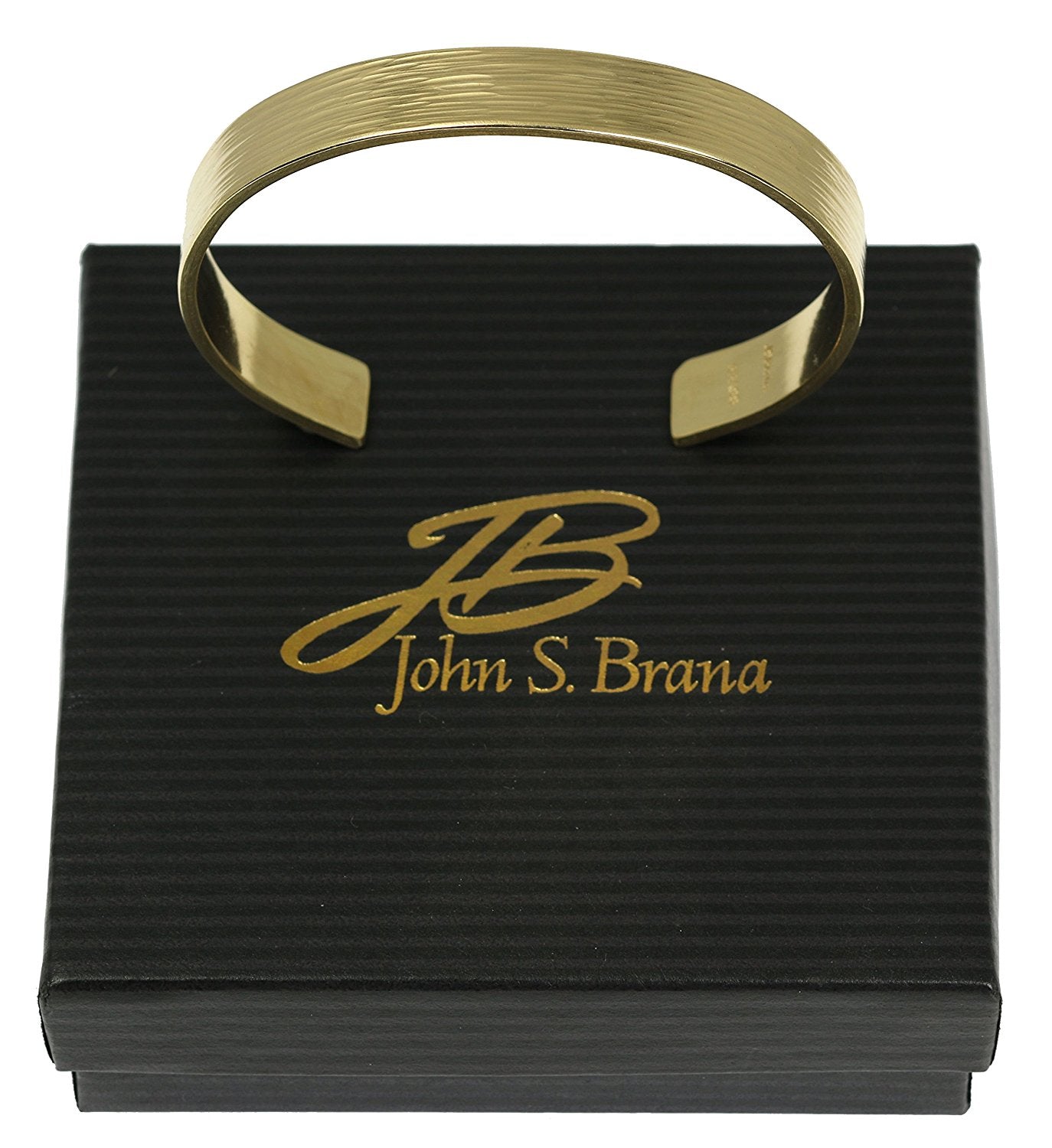 10mm Wide Bark Nu Gold Tone Brass Cuff Bracelet on Top of a Black Gift Box
