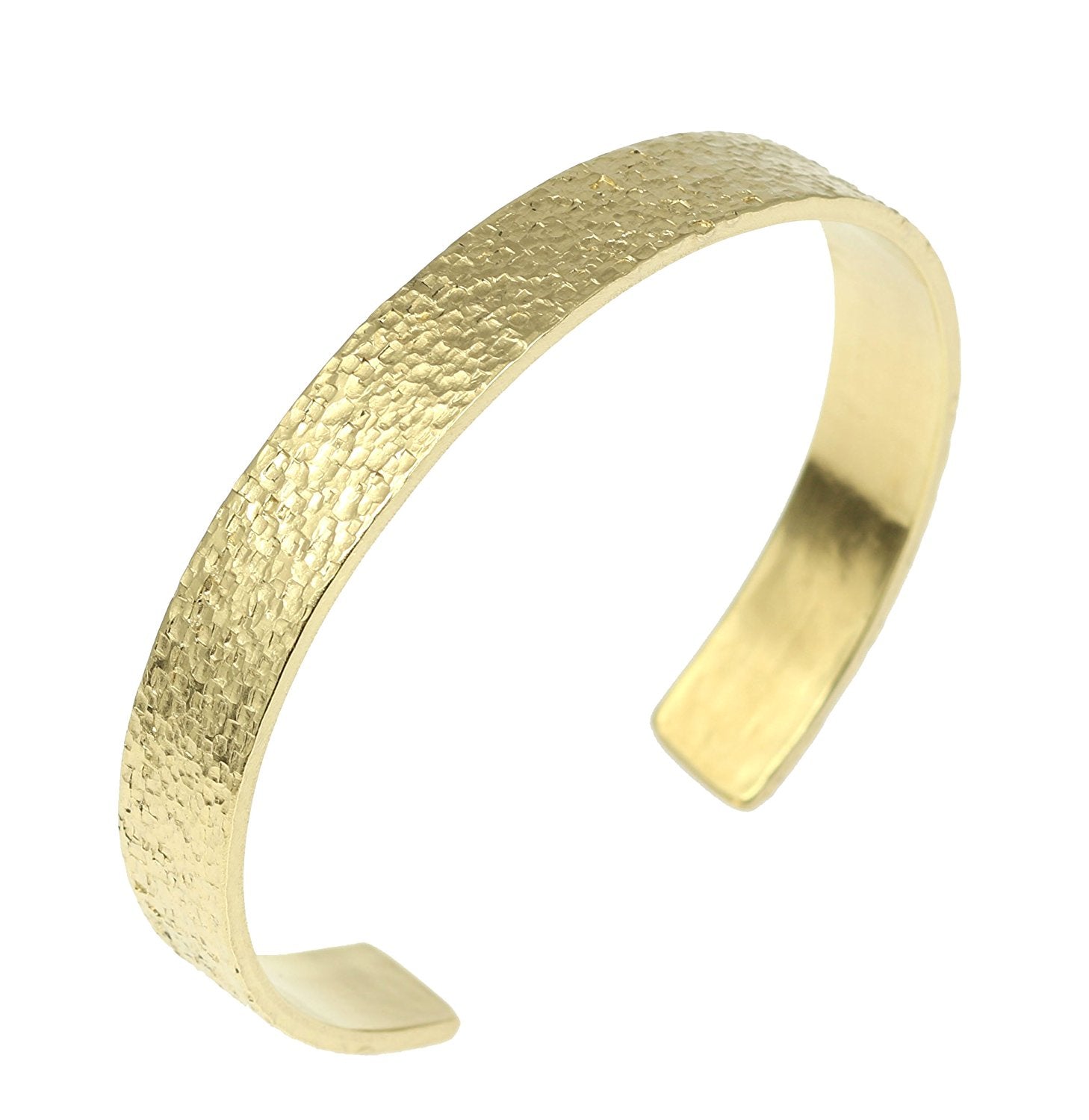 Detailed View of 10mm Wide Texturized Nu Gold Tone Brass Cuff Bracelet on a White Background