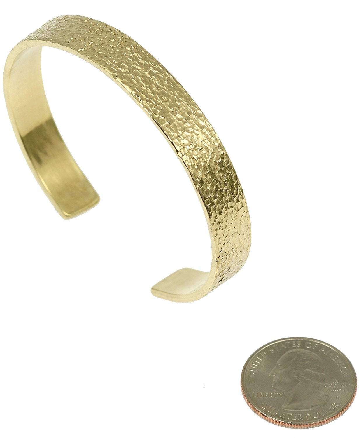 10mm Wide Texturized Nu Gold Tone Brass Cuff Bracelet compared to a US Quarter Coin for Size Dimensions