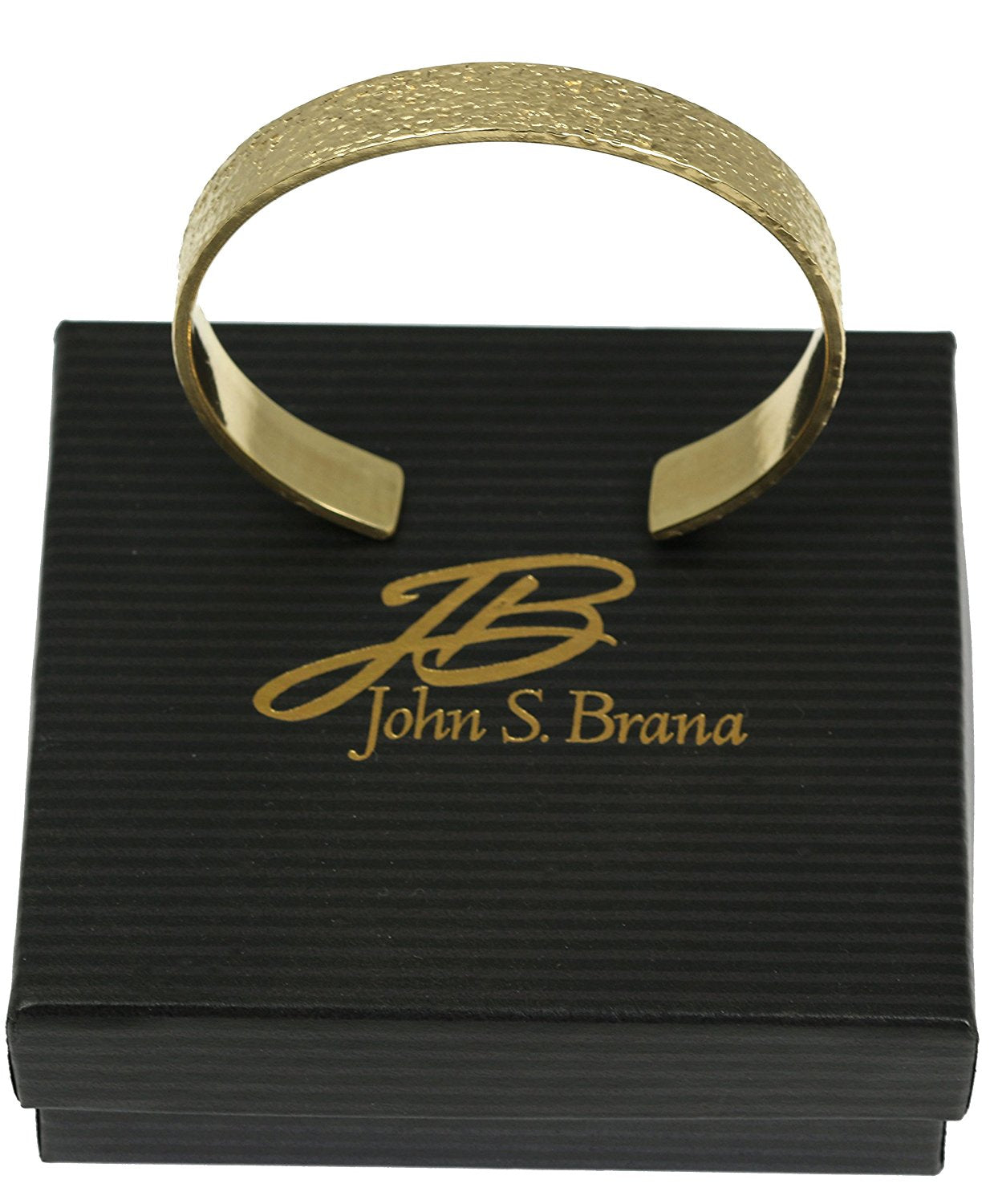 10mm Wide Texturized Nu Gold Tone Brass Cuff Bracelet on Top of a Black Gift Box