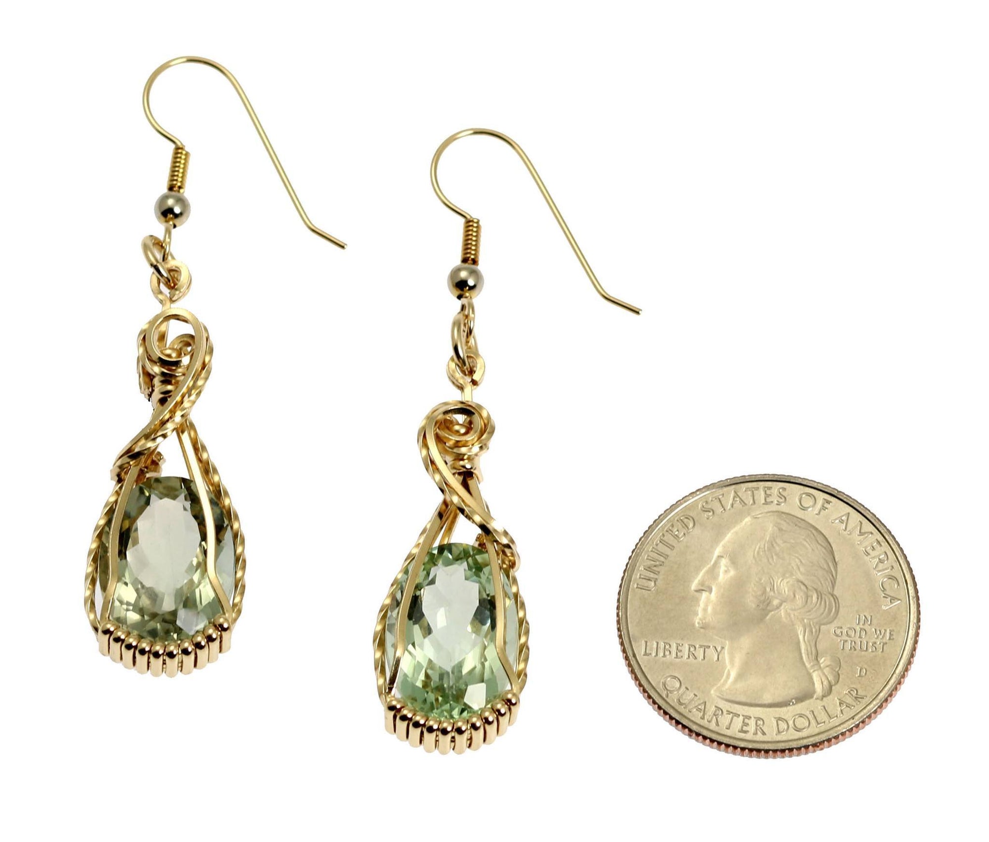 Green Amethyst 14K Gold-filled Earrings compared to a US Quarter for Size Dimensions