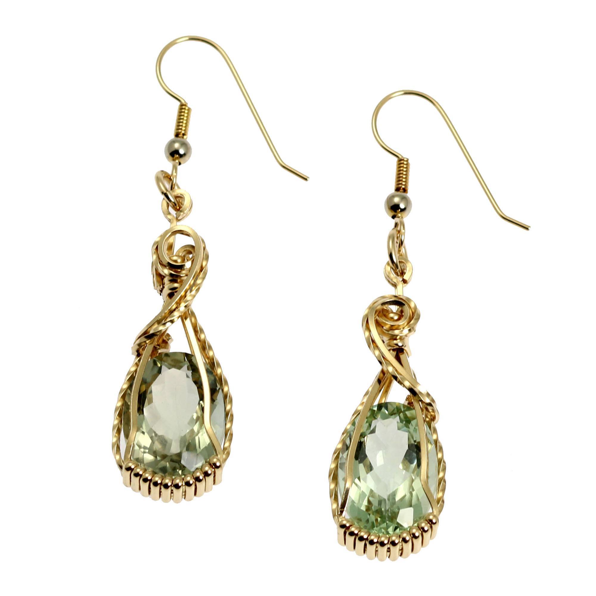 A Pair of 13 CT Brilliant Cut Green Amethyst 14K Gold-filled Earrings on a White Background