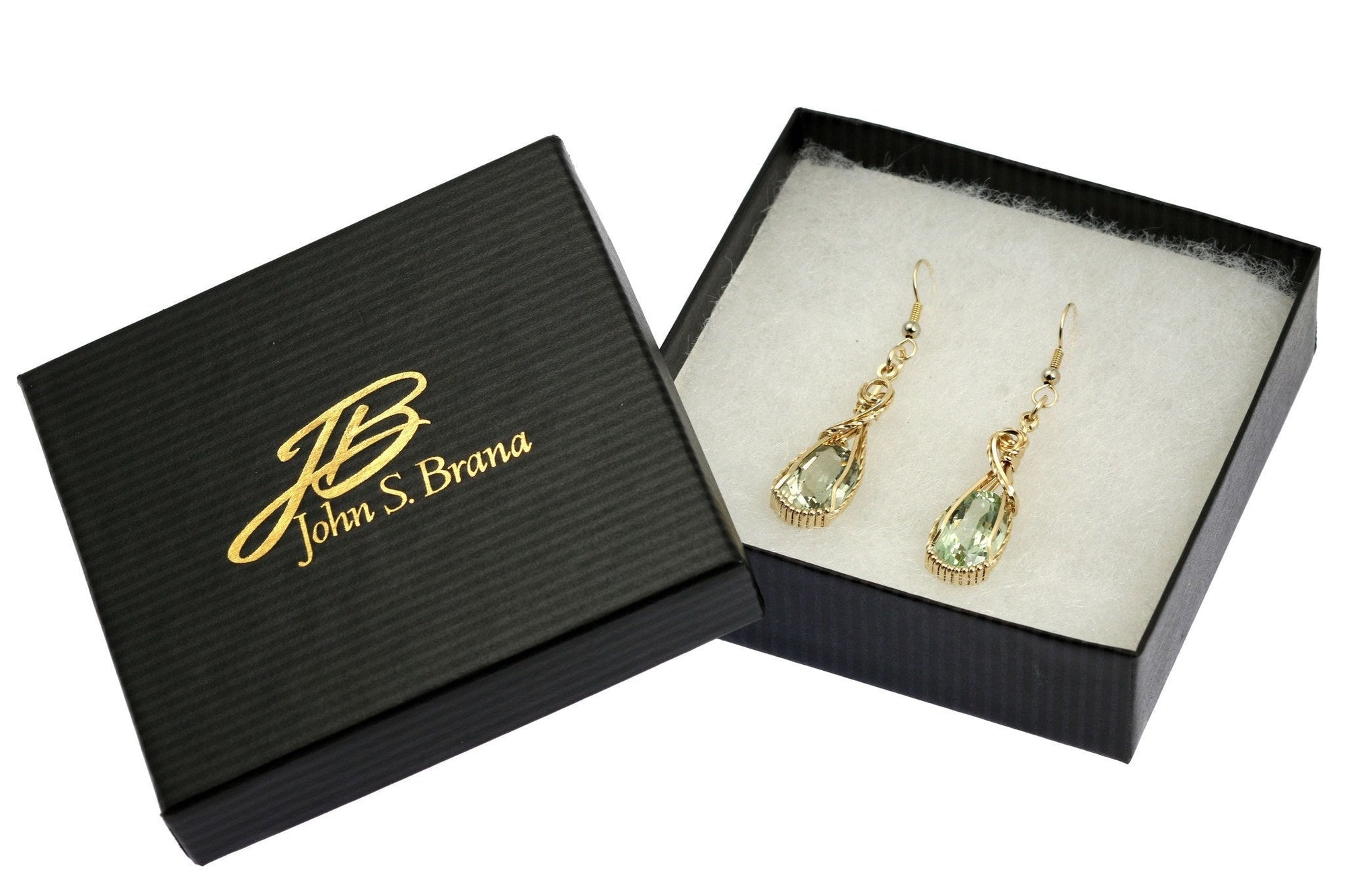 Brilliant Cut Green Amethyst 14K Gold-filled Earrings in a Black Gift Box with Gold Logo