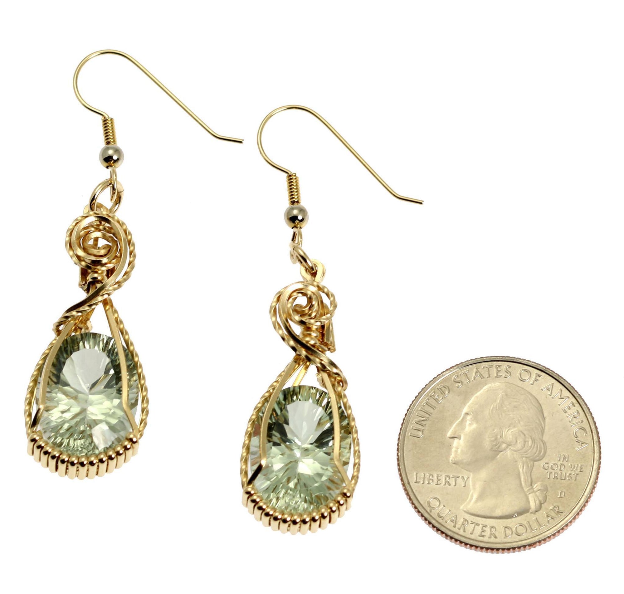 Brilliant Cut Green Amethyst 14K Gold-filled Earrings compared to a US Quarter for Size Dimensions
