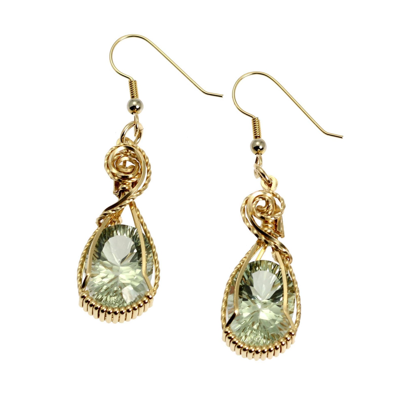 A Pair of 13.5 CT Brilliant Cut Green Amethyst 14K Gold-filled Earrings on a White Background