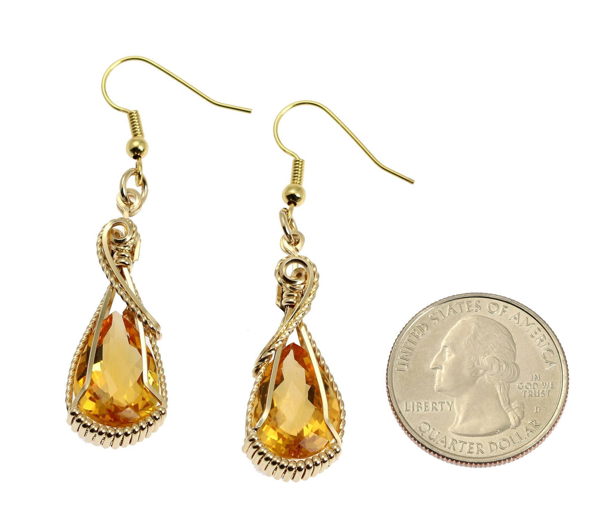 Size of Checkboard Cut Citrine 14K Gold-filled Earrings compared to a US Quarter