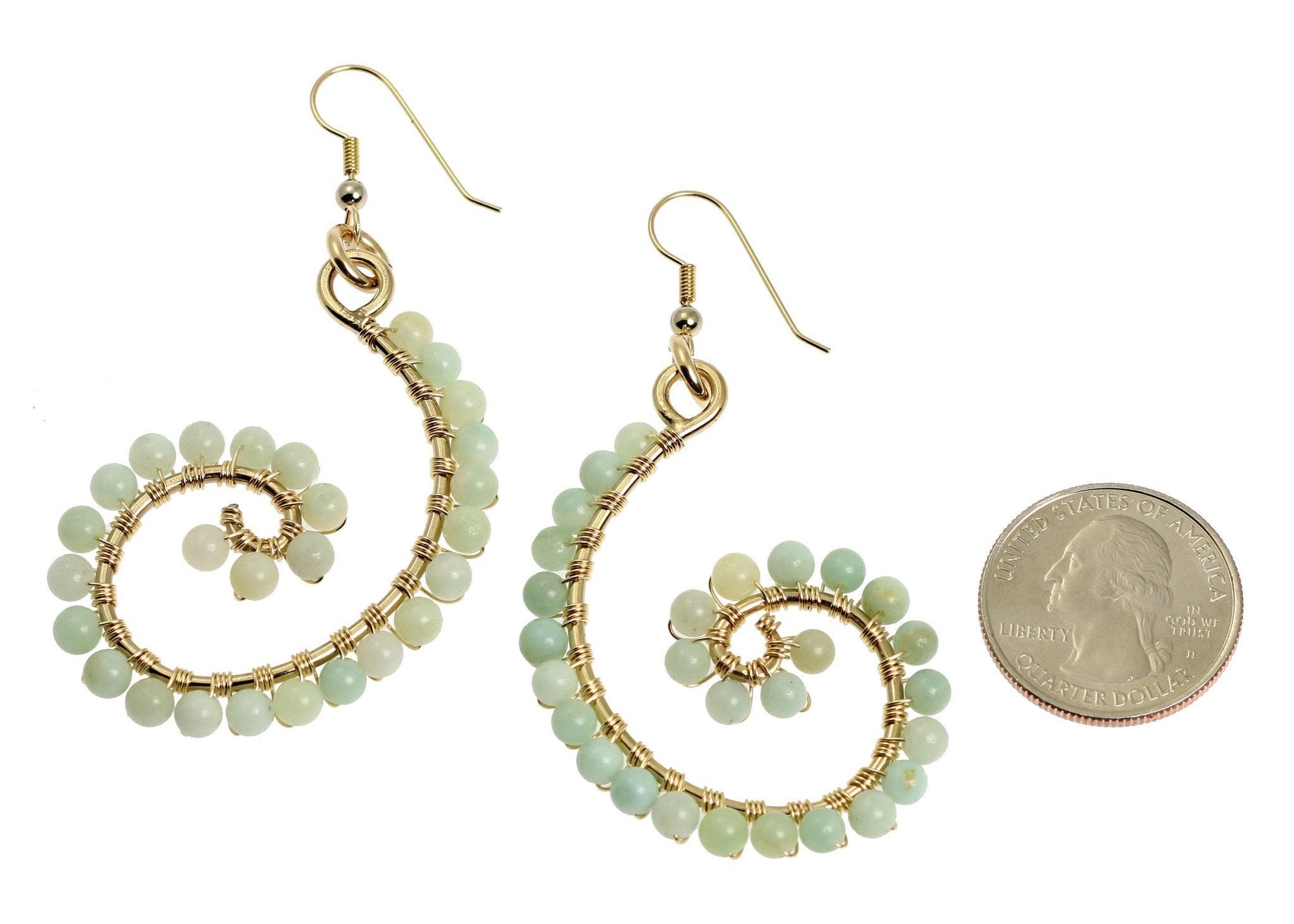 Size of 14K Gold-filled Amazonite Scroll Earrings compared to a US Quarter Coin