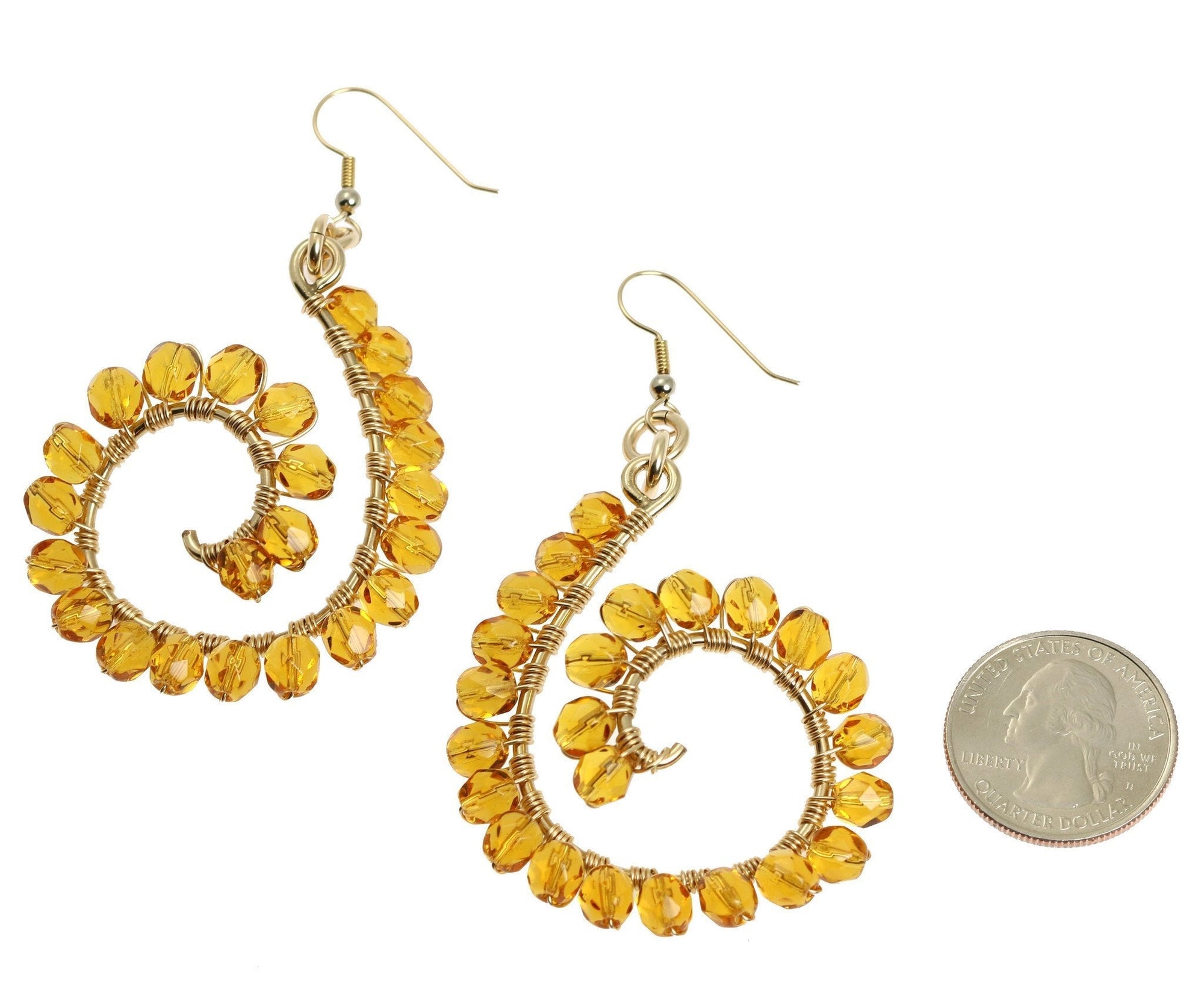 Size of 14K Gold-filled Amber Wire Wrapped Earrings compared to a US Quarter Coin