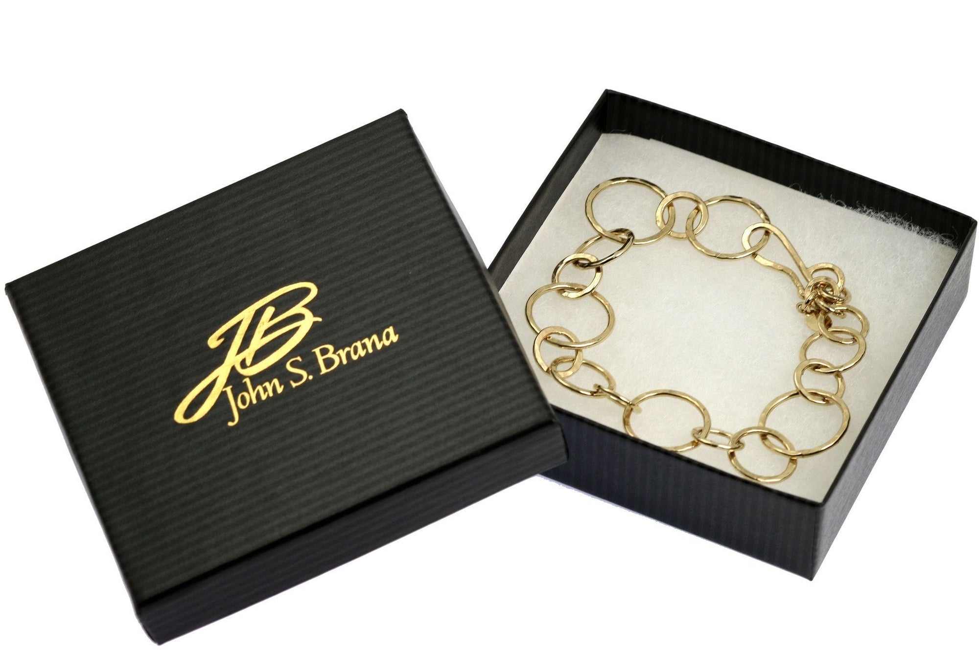 14K Gold-filled Hammered Link Chain Bracelet in a Black Gift Box with Gold Logo