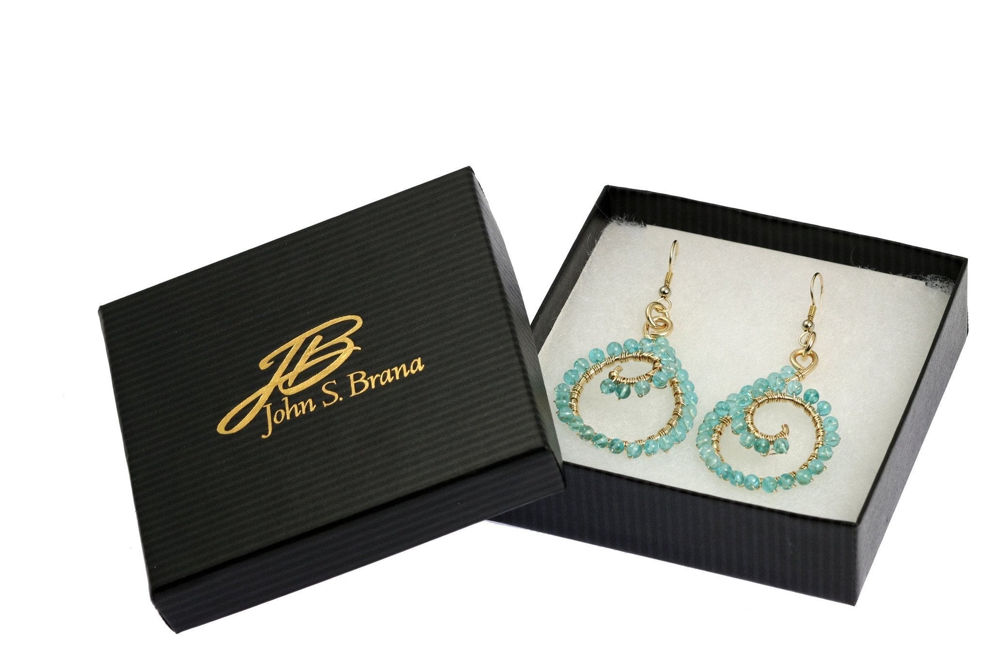 14k Gold-filled Wire Wrapped Earrings With Apatite in a Black Gift Box with Gold Logo