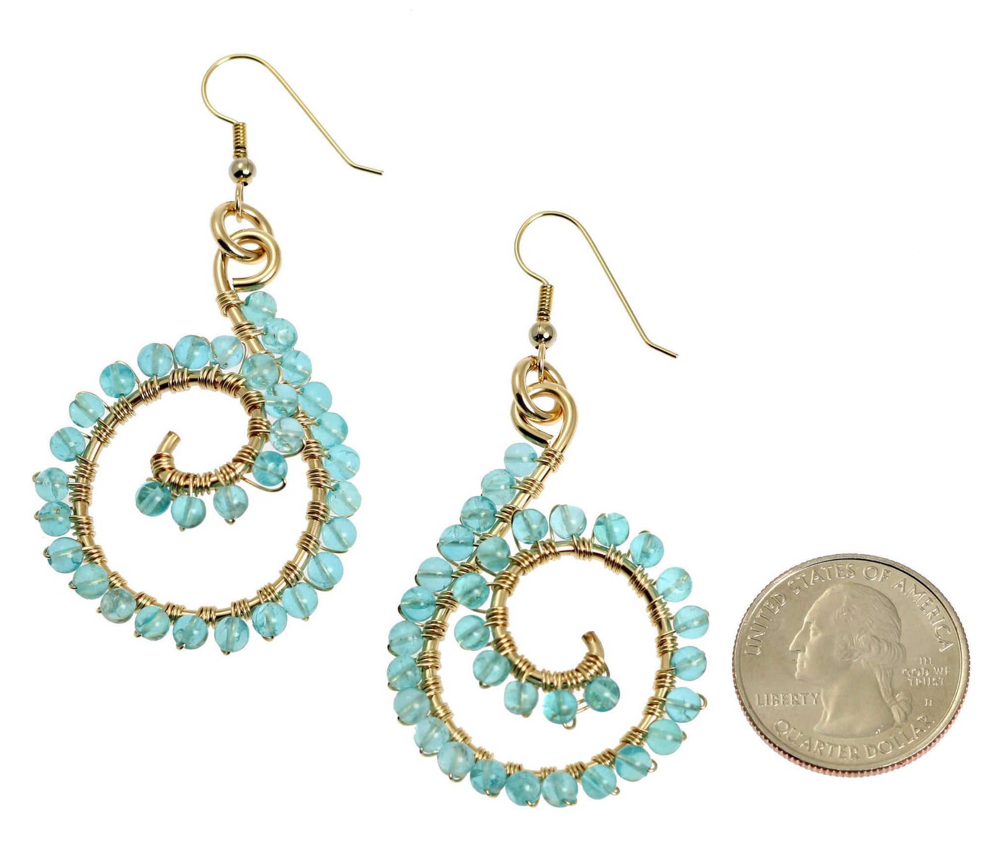 Size of 14k Gold-filled Wire Wrapped Earrings With Apatite compared to a US Quarter Coin