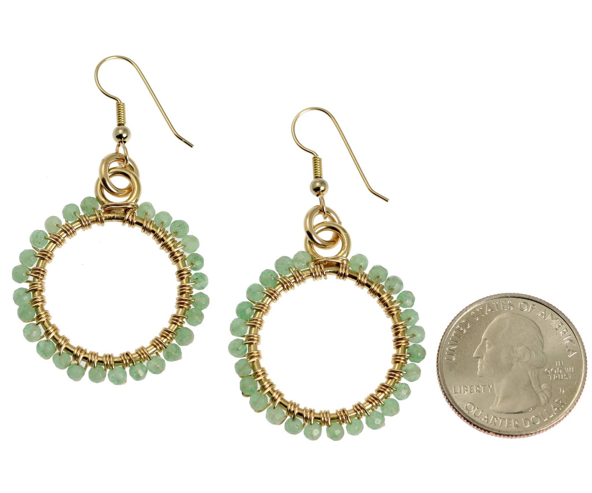 Size of 14K Gold-filled Hoop Earrings With Aquamarine compared to a US Quarter Coin