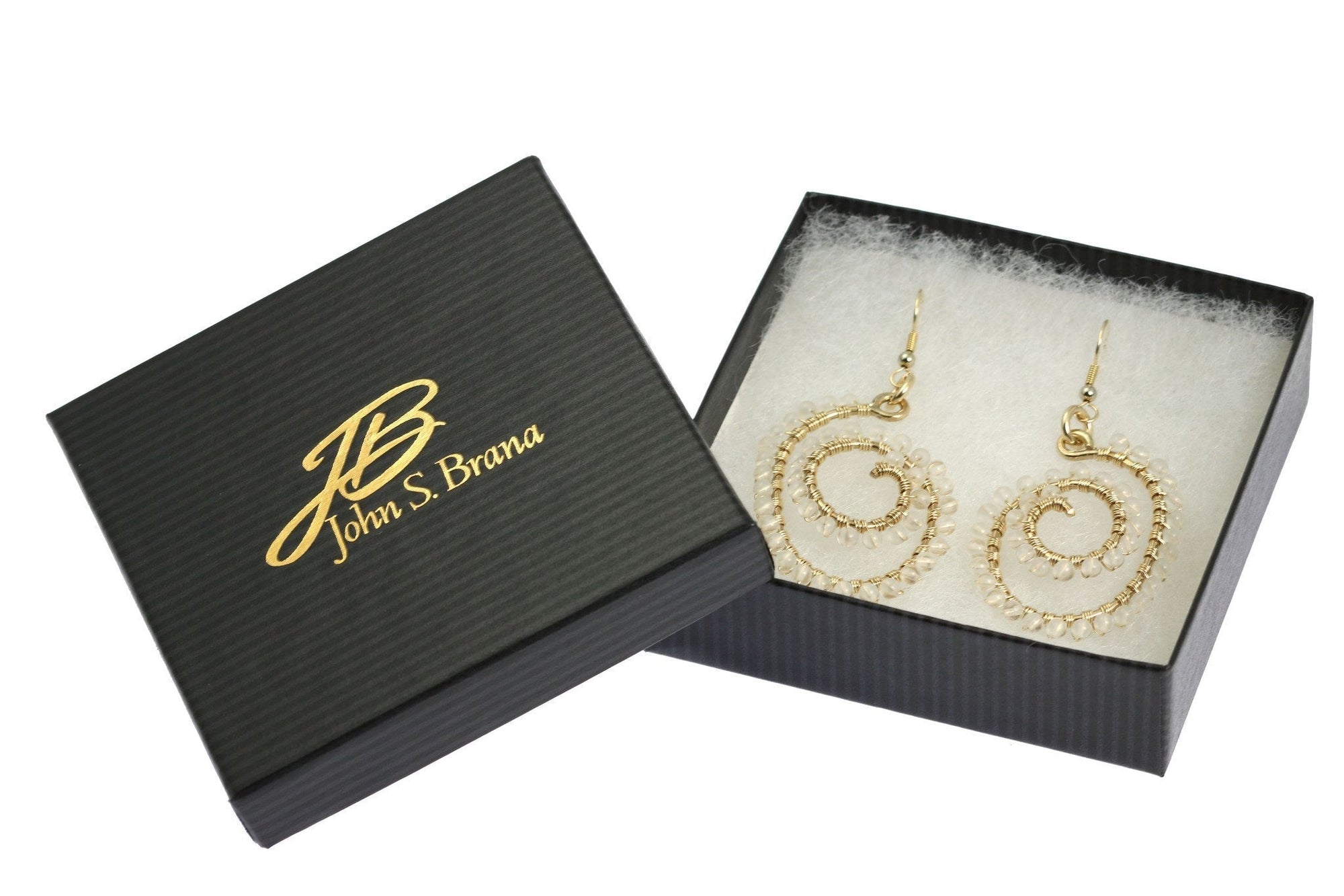 Wire Wrapped Spiral Earrings With Crystal Quartz in a Black Gift Box with Gold Logo