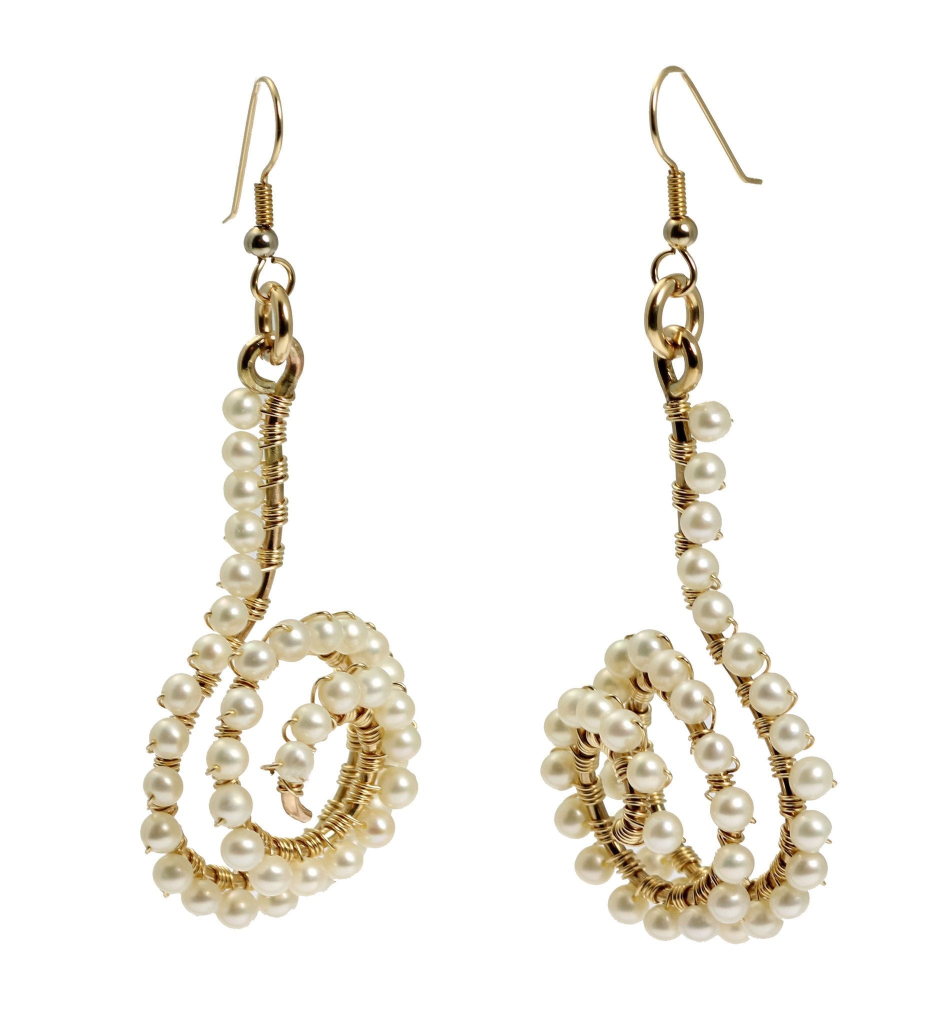Detailed View of 14K Gold-filled Wire Wrapped Spiral Earrings Pearls