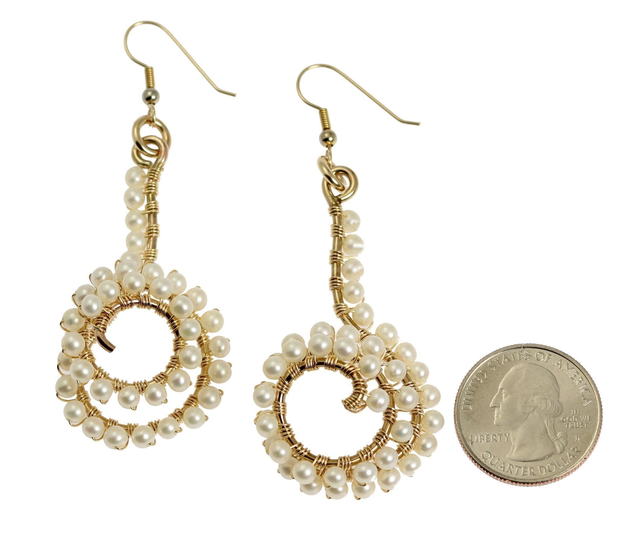 Size of 14K Gold-filled Wire Wrapped Spiral Earrings Pearls compared to a US Quarter Coin