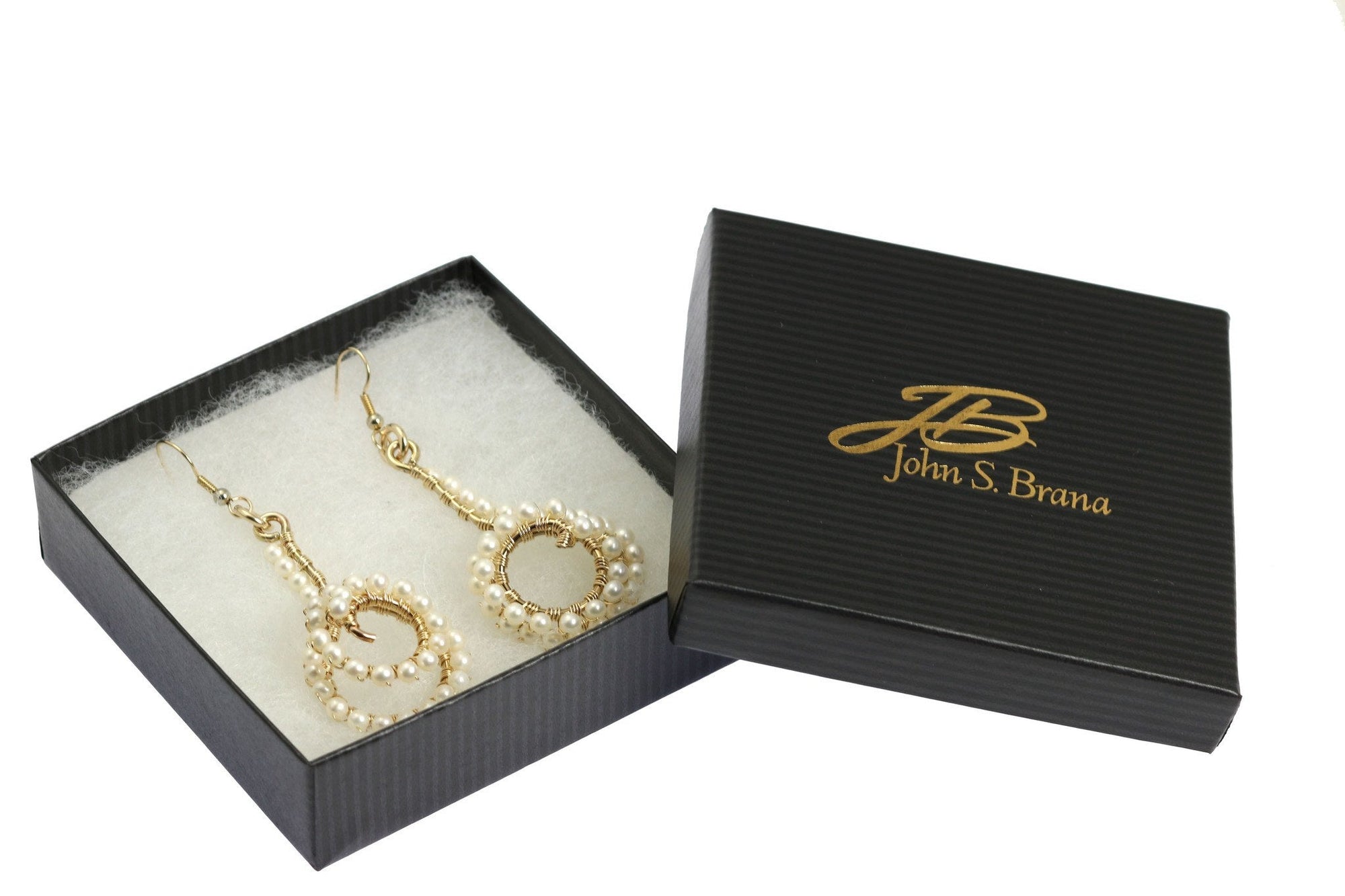 14K Gold-filled Wire Wrapped Spiral Earrings Pearls in a Black Gift Box with Gold Logo