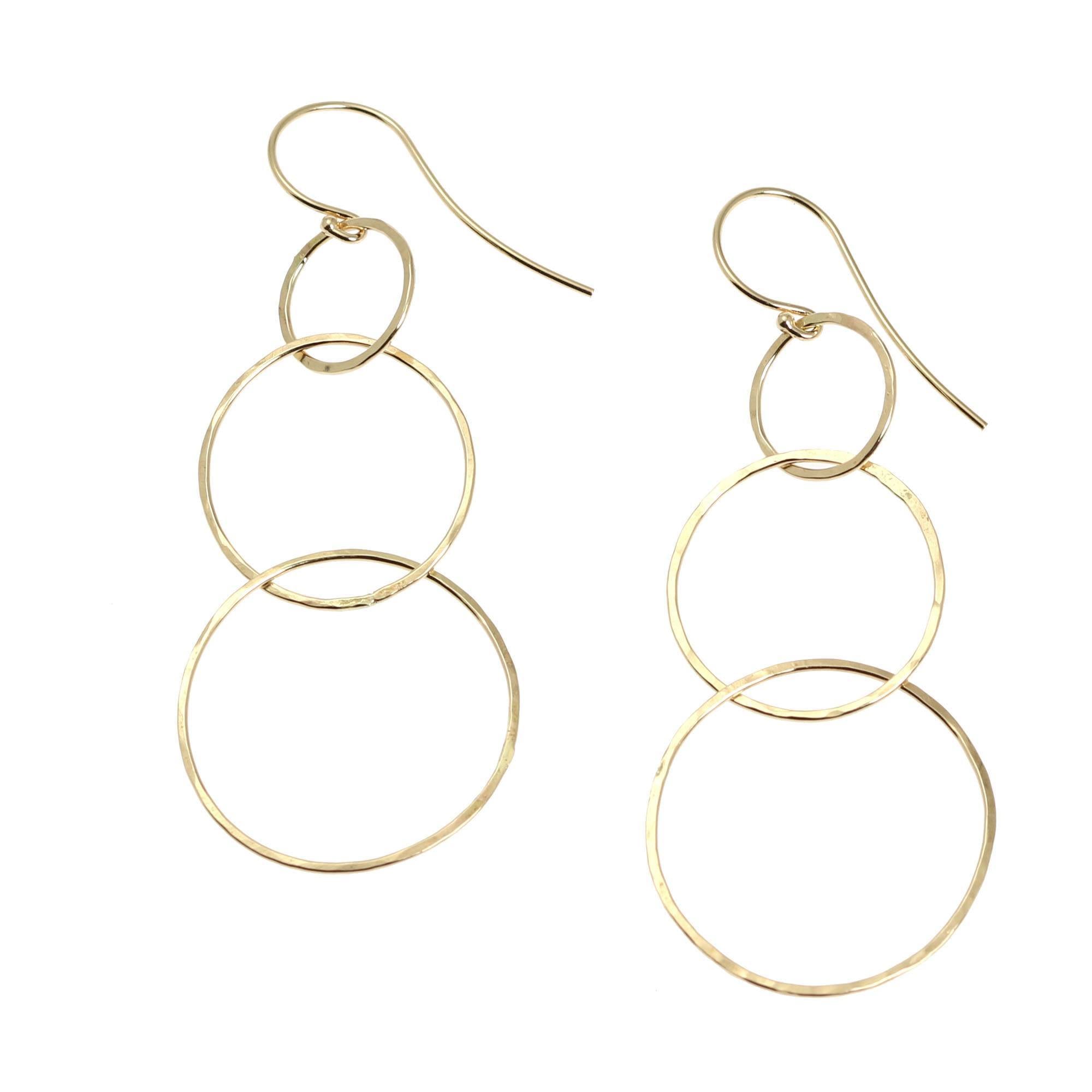 A Pair of 14K Gold Hammered Chandelier Earrings on White Background