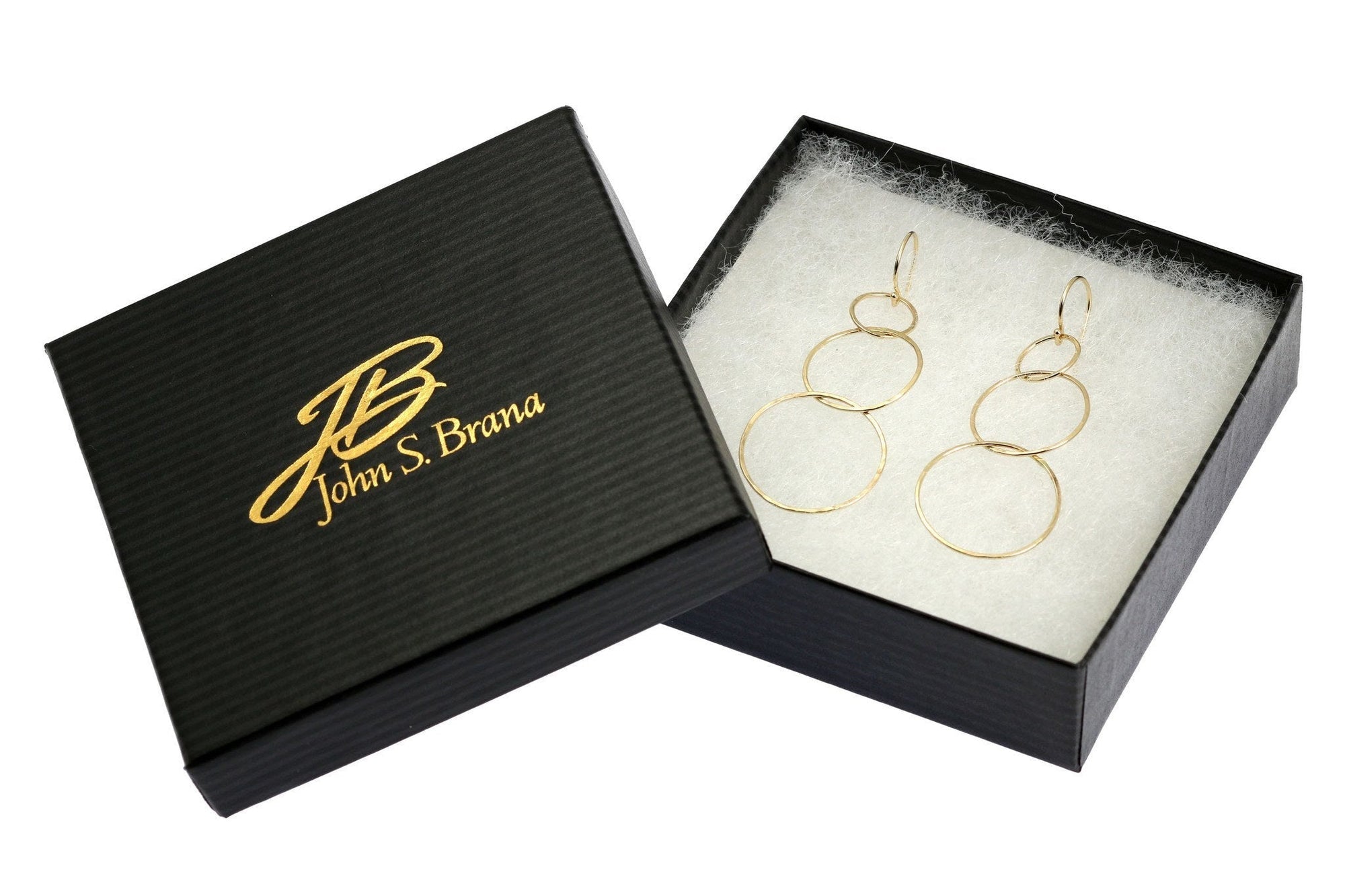 14K Gold Hammered Chandelier Earrings in Black Gift Box with Gold Logo