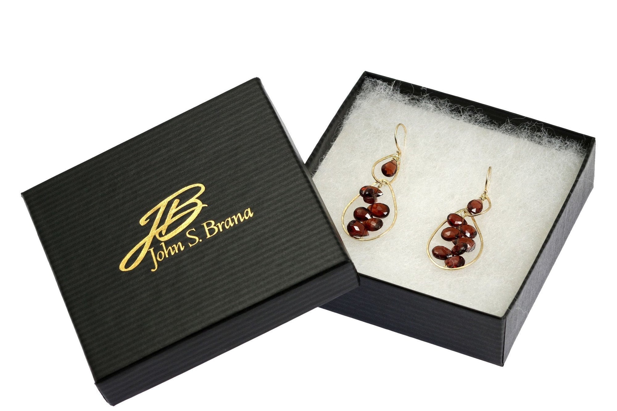 14K Gold Hammered Earrings With Garnets in Black Gift Box with Gold Logo