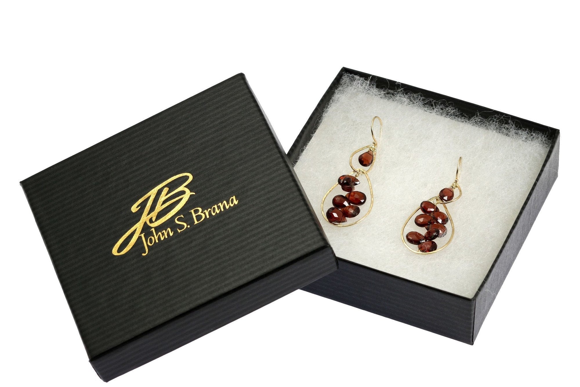 14K Gold Hammered Earrings With Garnets in Black Gift Box