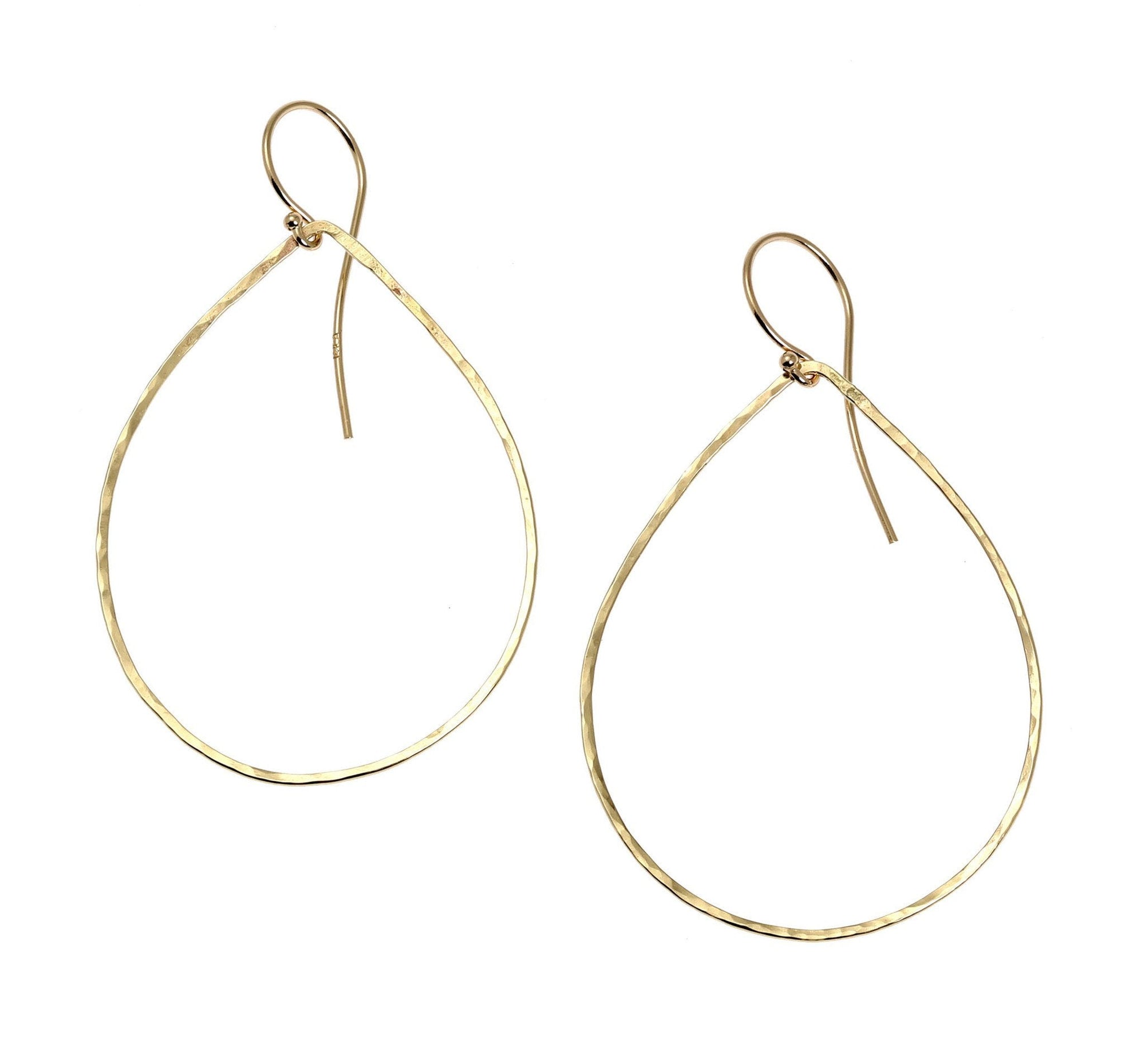 A Pair of 14K Gold Hammered Teardrop Earrings on a White Background