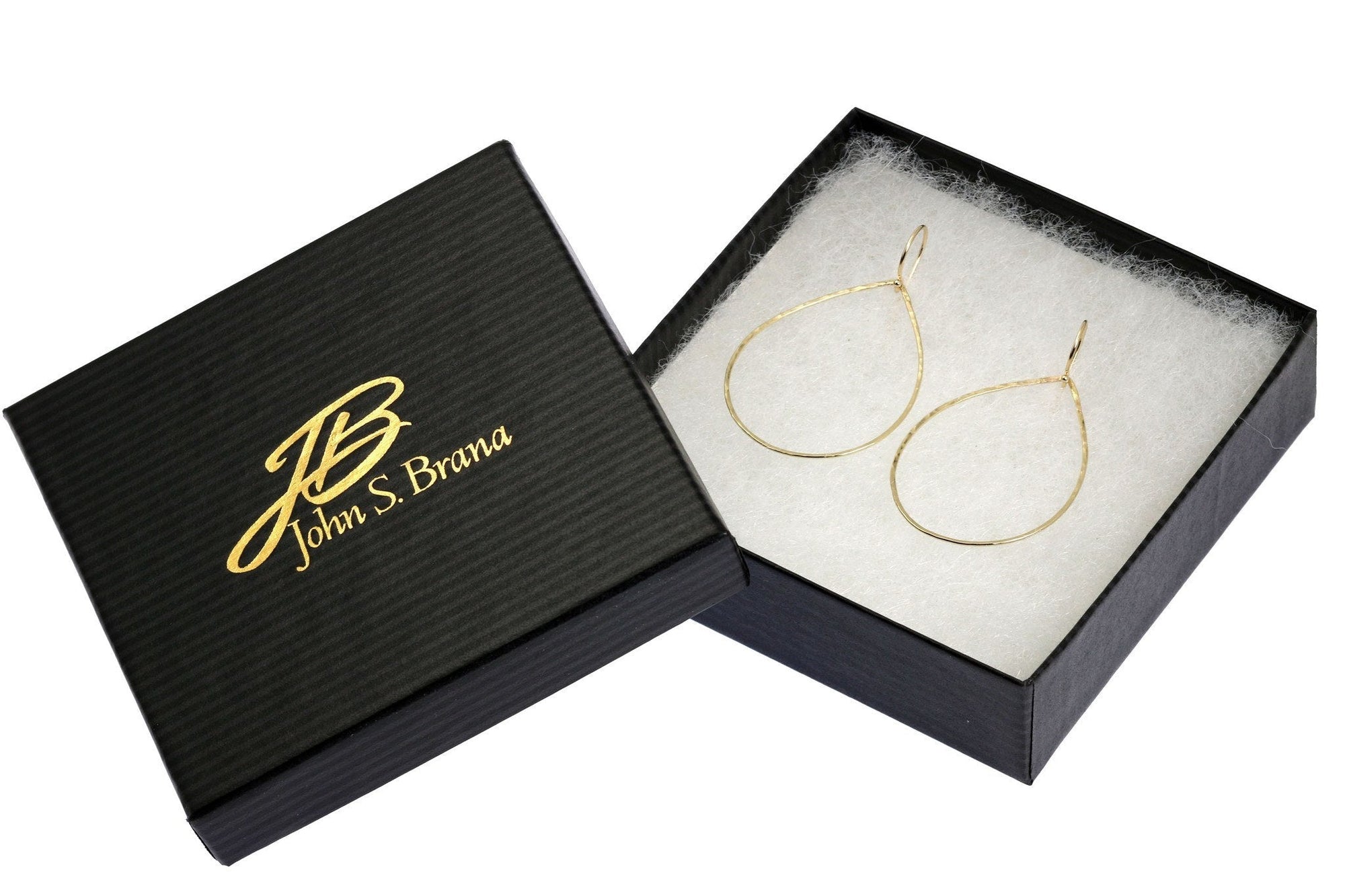 14K Gold Hammered Teardrop Earrings in Black Gift Box with Gold Logo