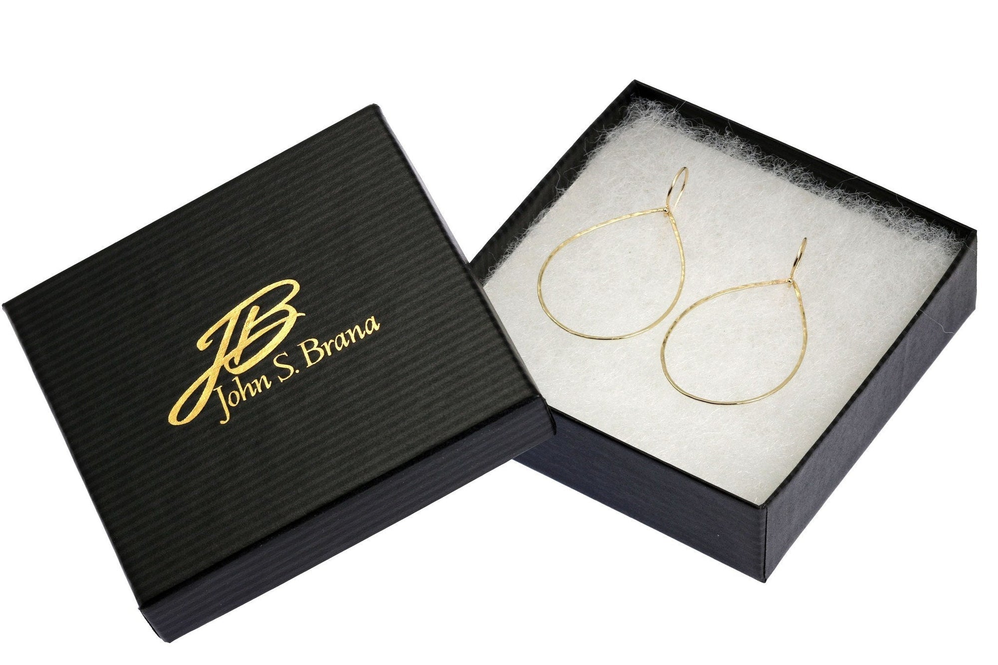 14K Gold Hammered Tear Drop Earrings in Black Gift Box