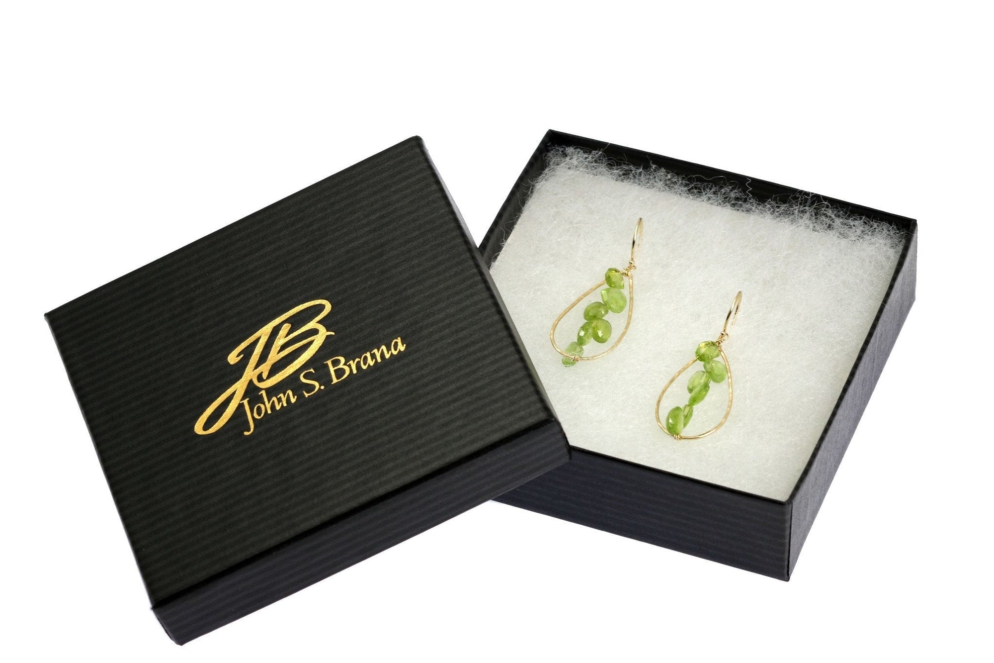 14K Gold Hammered Teardrop Earrings With Peridot in a Black Gift Box with Gold Logo