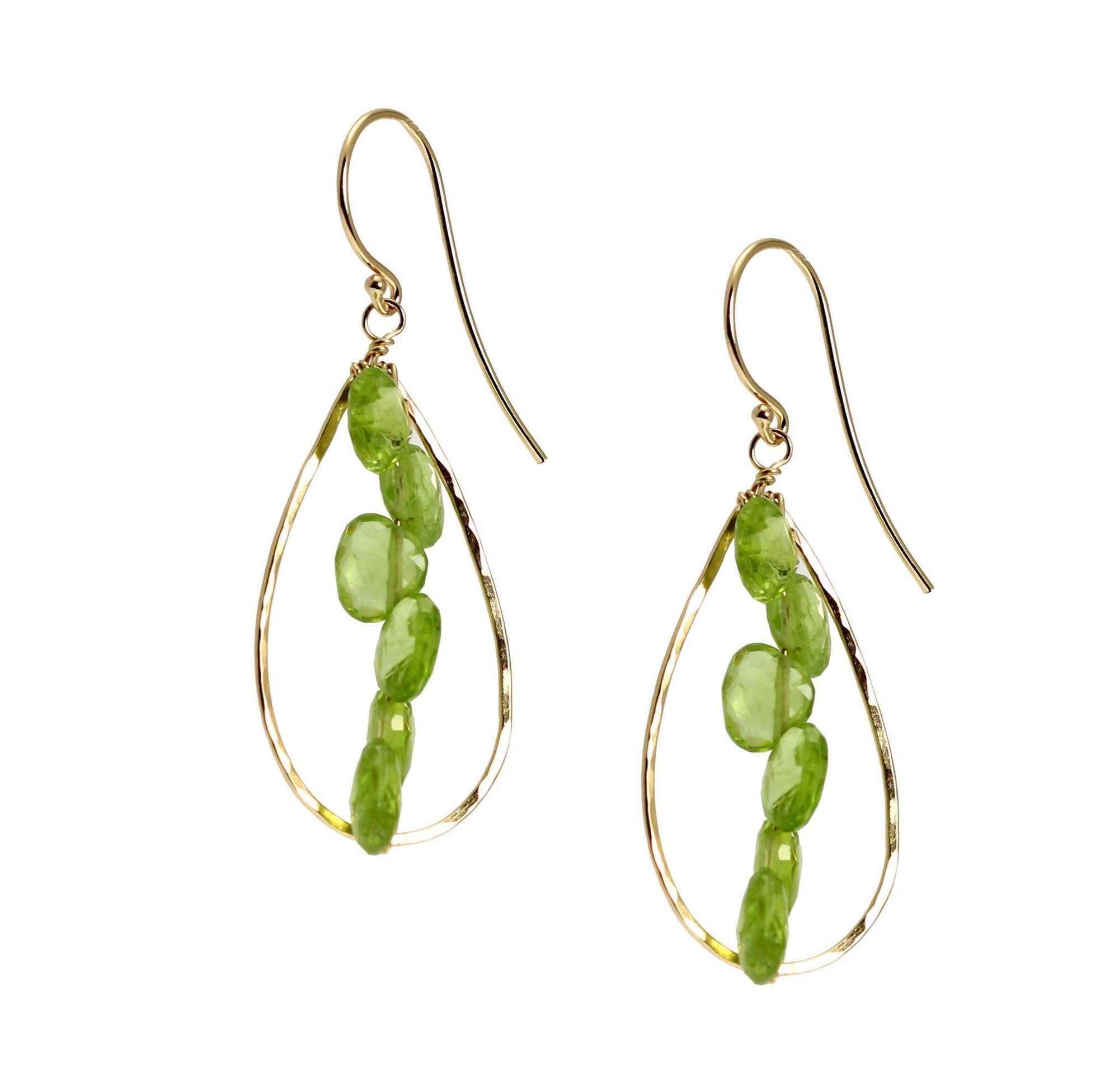 Close Up View of 14K Gold Hammered Teardrop Earrings With Peridot