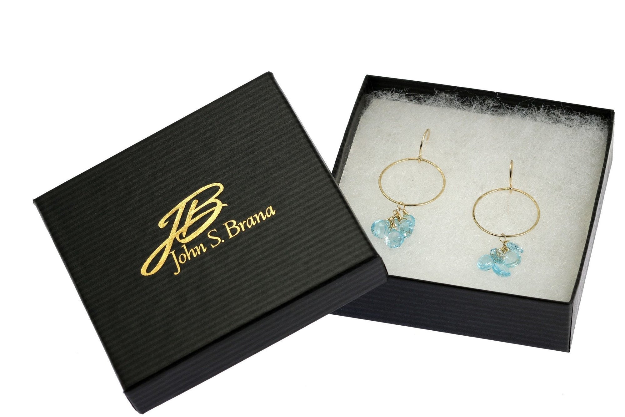 14K Hammered Gold Earrings With Blue Topaz in Black Gift Box
