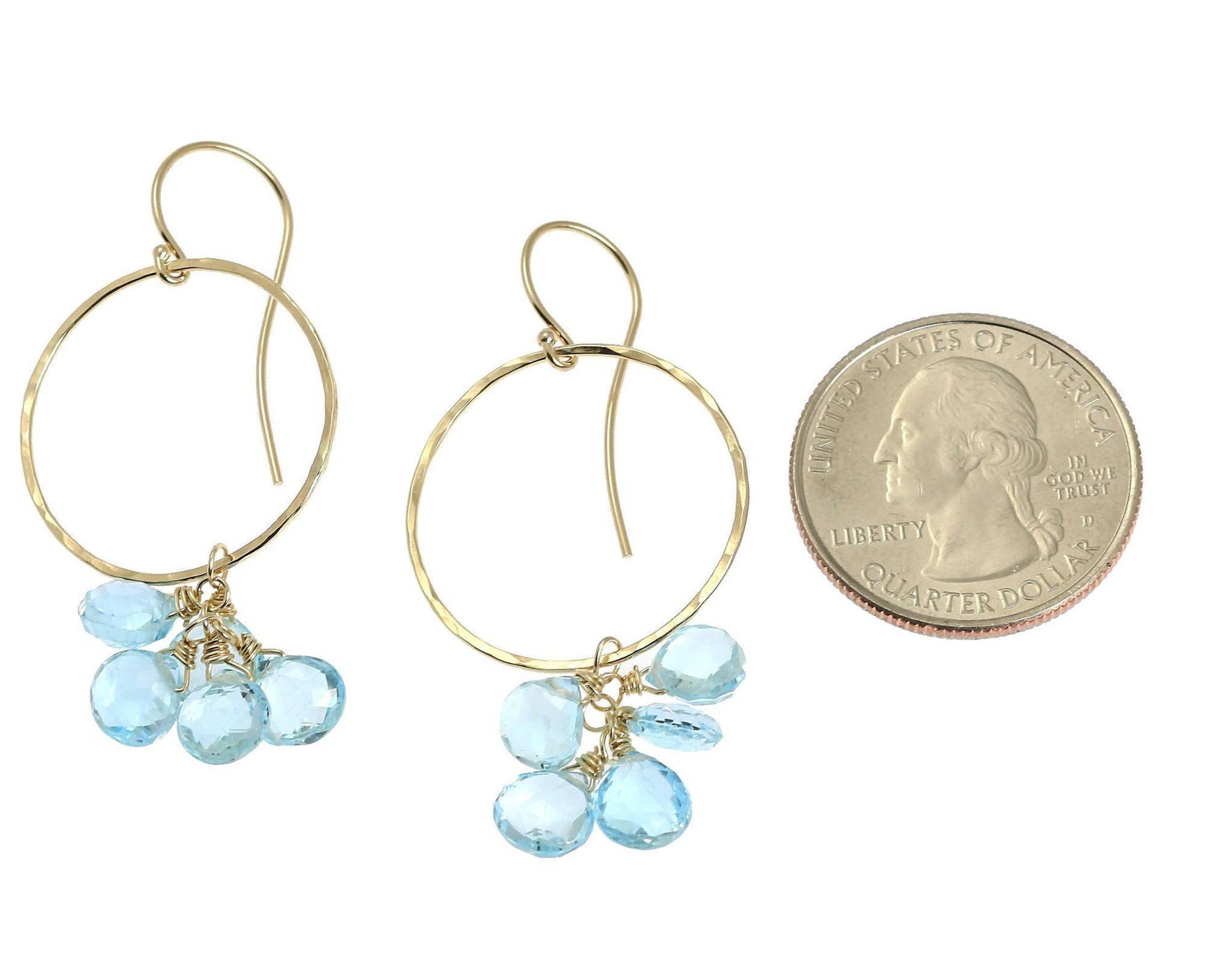 Size of 14K Hammered Gold Earrings With Blue Topaz