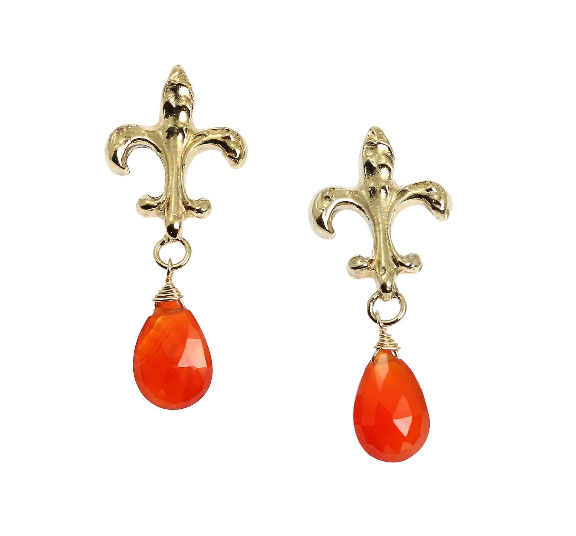 A Pair of 16 CT Carnelian Vermeil Fleur-de-lis Post Earrings on a White Background