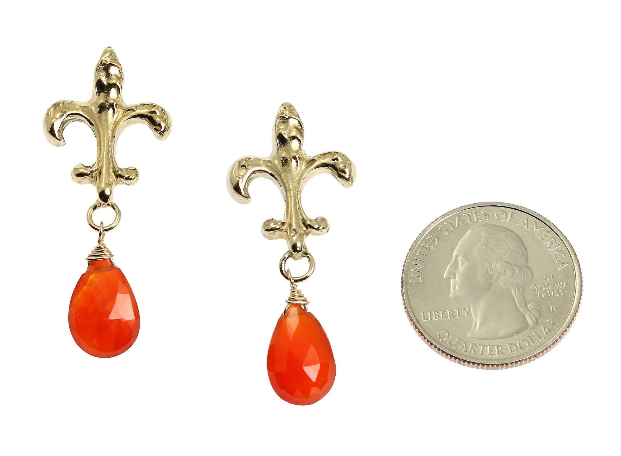 Size of 16 CT Carnelian Vermeil Fleur-de-lis Post Earrings compared to a US Quarter Coin