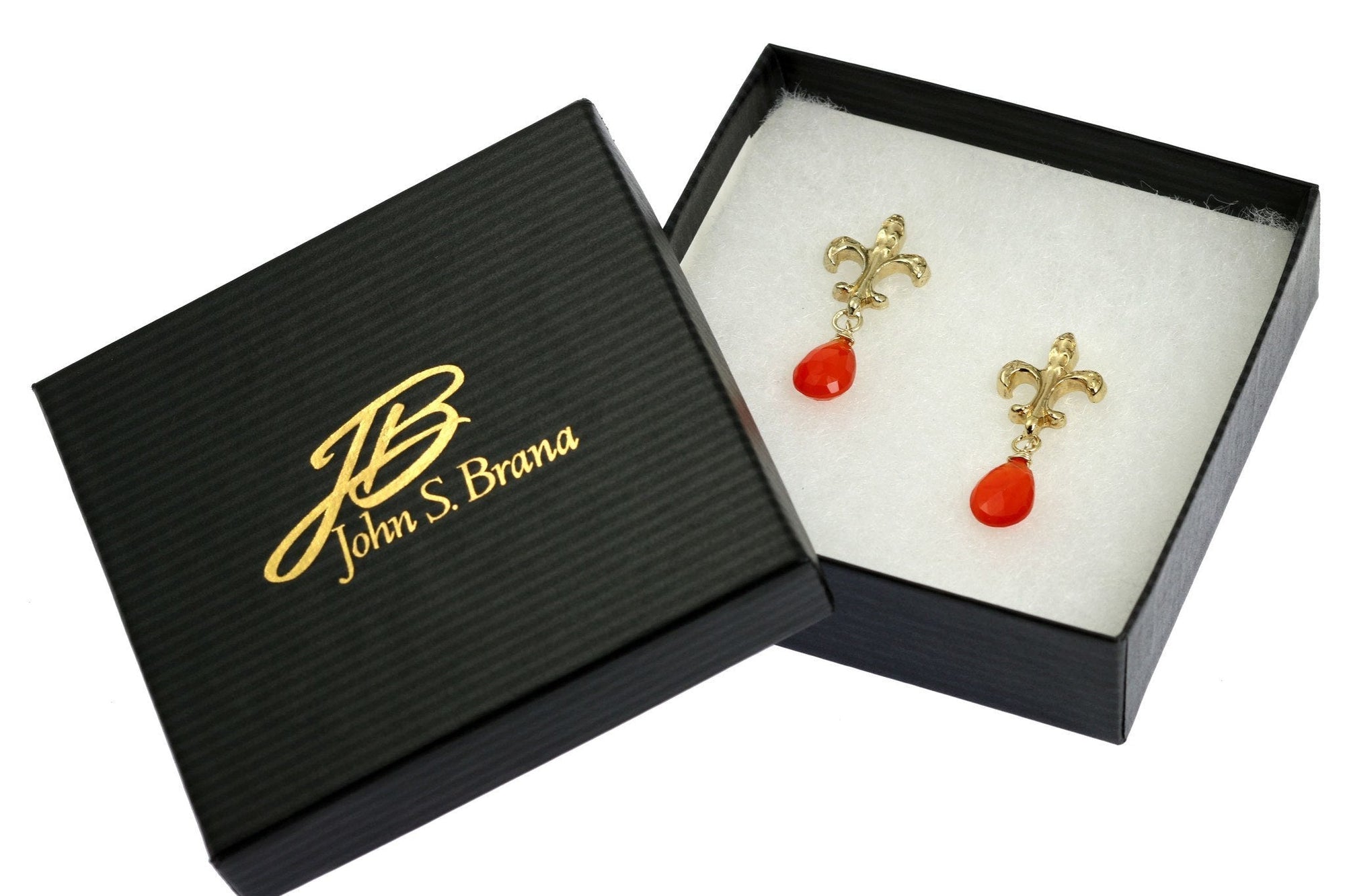 16 CT Carnelian Vermeil Fleur-de-lis Post Earrings in a Black Gift Box with Gold Logo