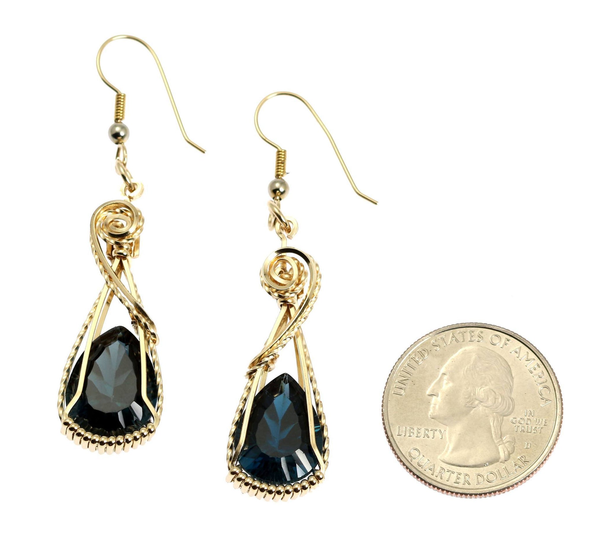 Size of London Blue Topaz 14K Gold-filled Earrings compared to a US Quarter Coin