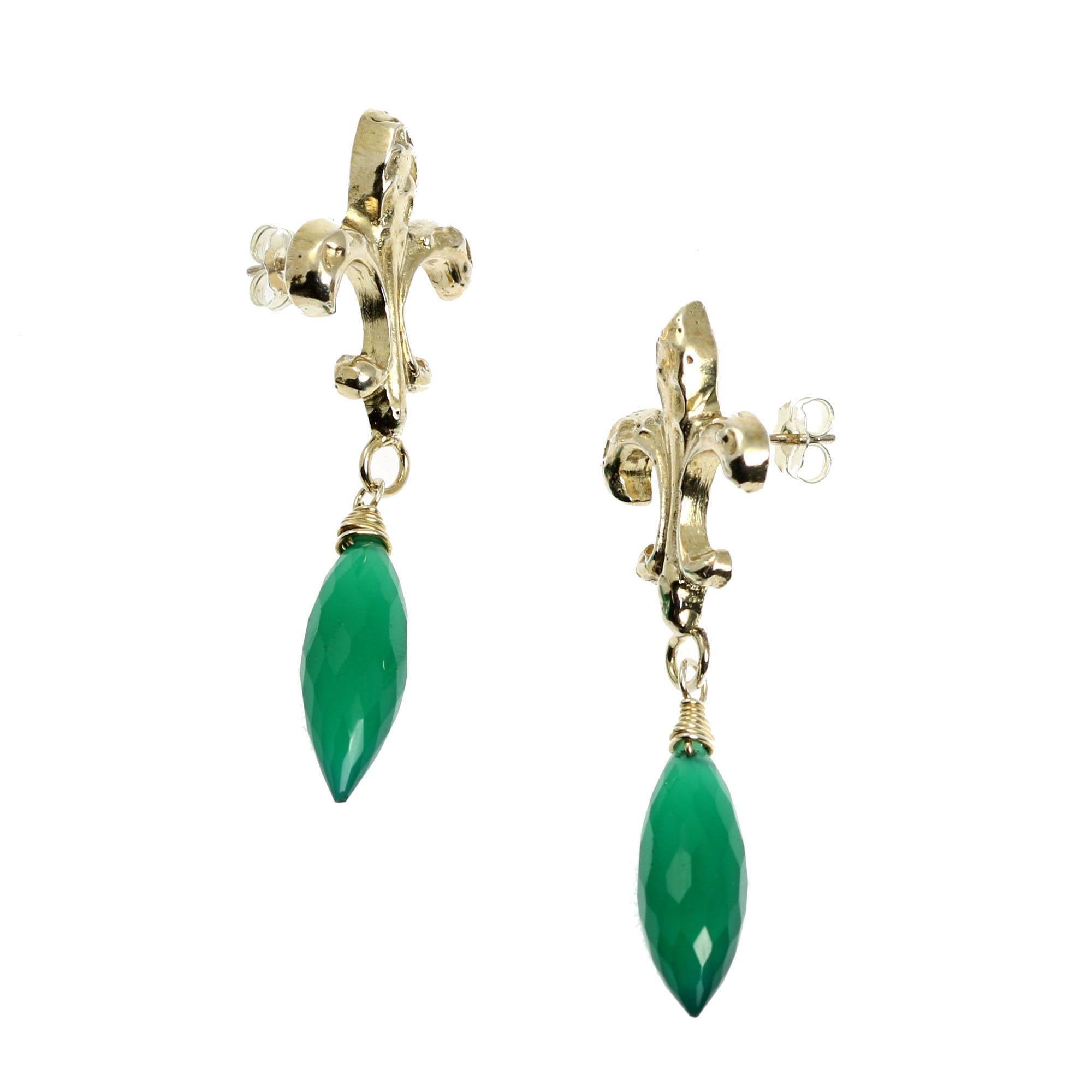 Side View - Green Onyx Sterling Silver Fleur-de-lis Earrings