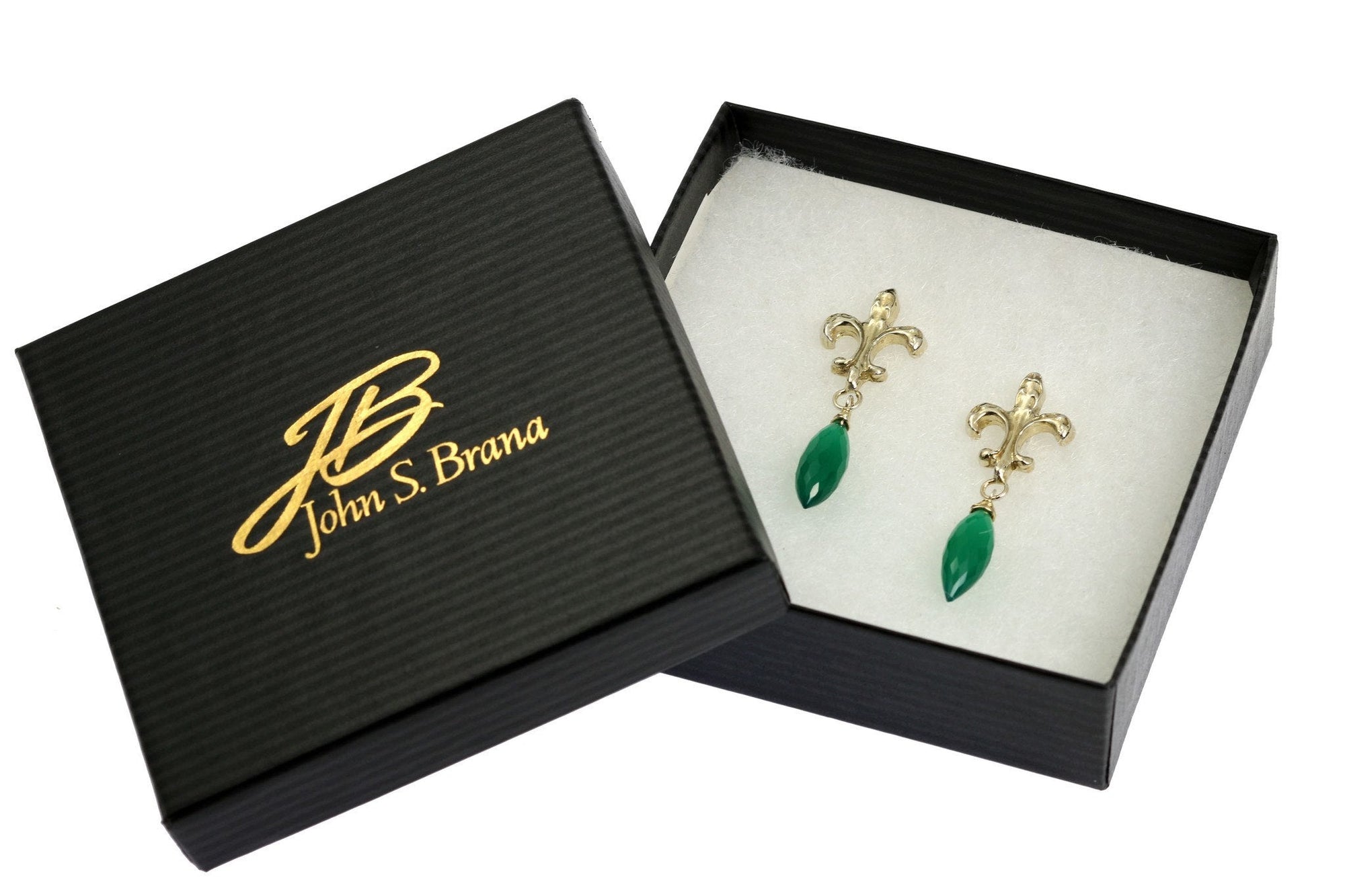 Green Onyx Sterling Silver Fleur-de-lis Earrings in Gift Box
