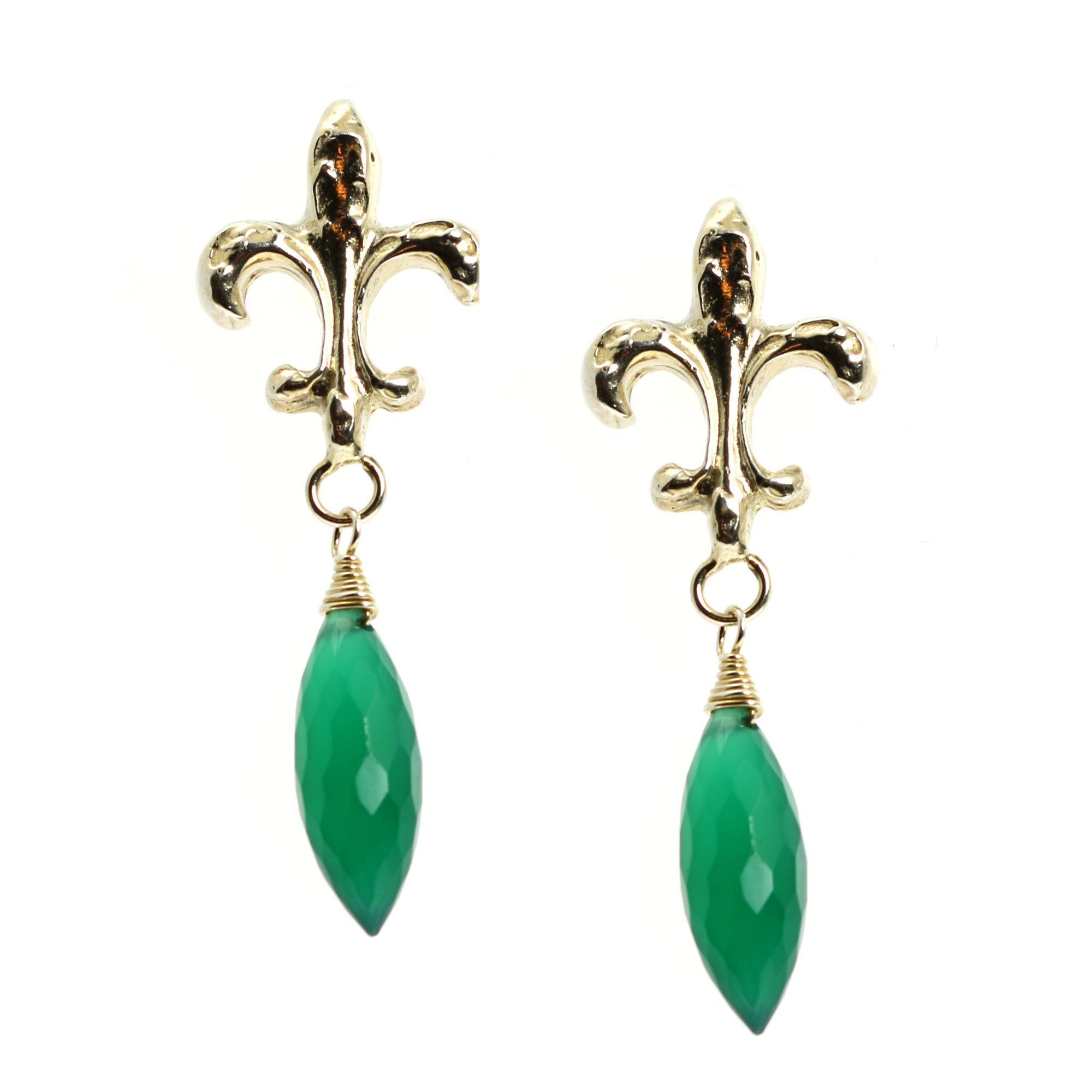 Shape of Green Onyx Sterling Silver Fleur-de-lis Earrings