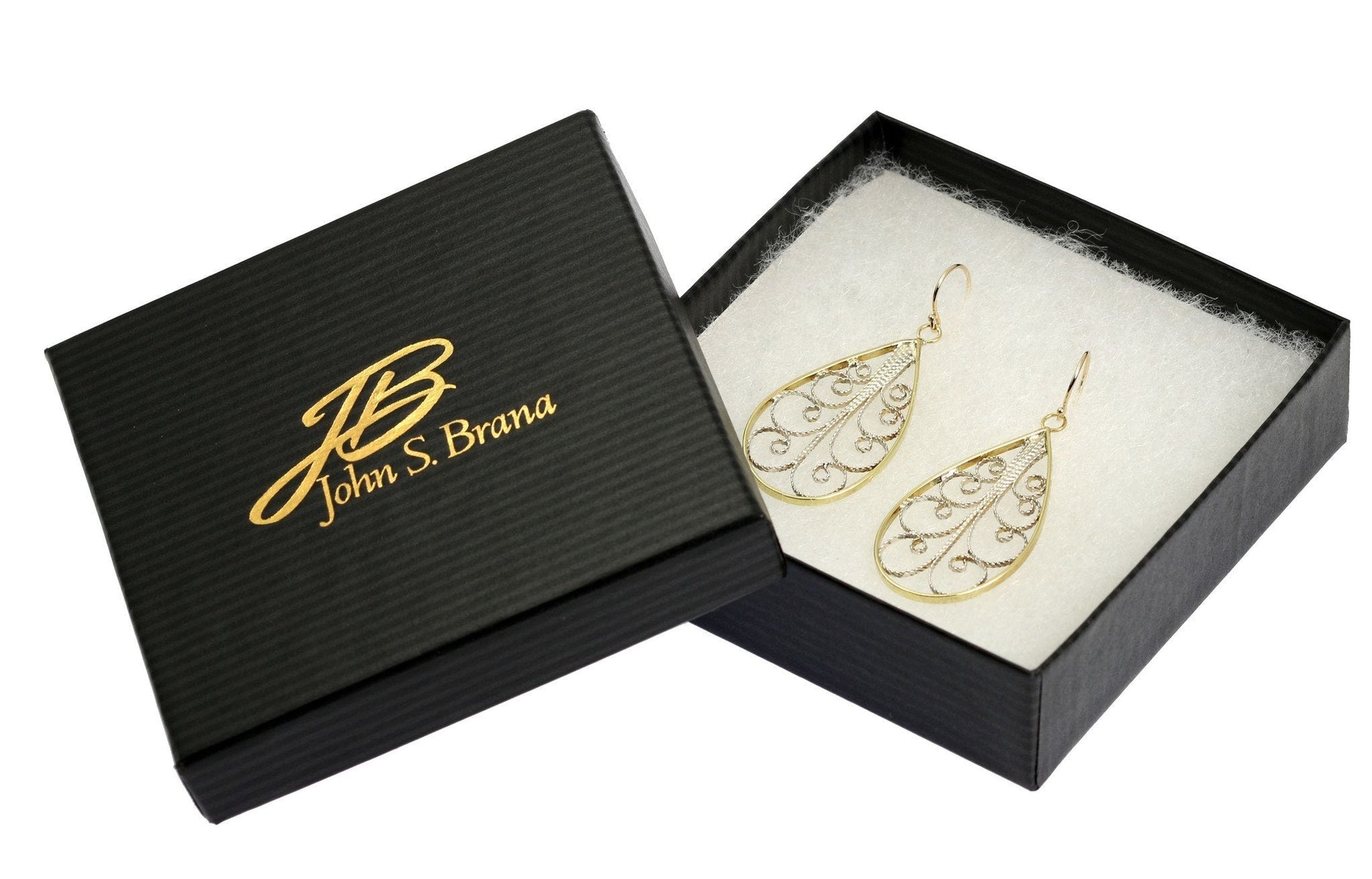 18K Gold Filigree Tear Drop Earrings in Black Gift Box