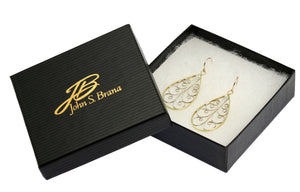 4 of 4: 18K Gold Filigree Teardrop Earrings in Black Gift Box with a Gold Logo