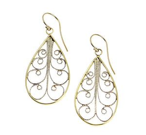 1 of 4: A Pair of 18K Gold Filigree Teardrop Earrings on a White Background