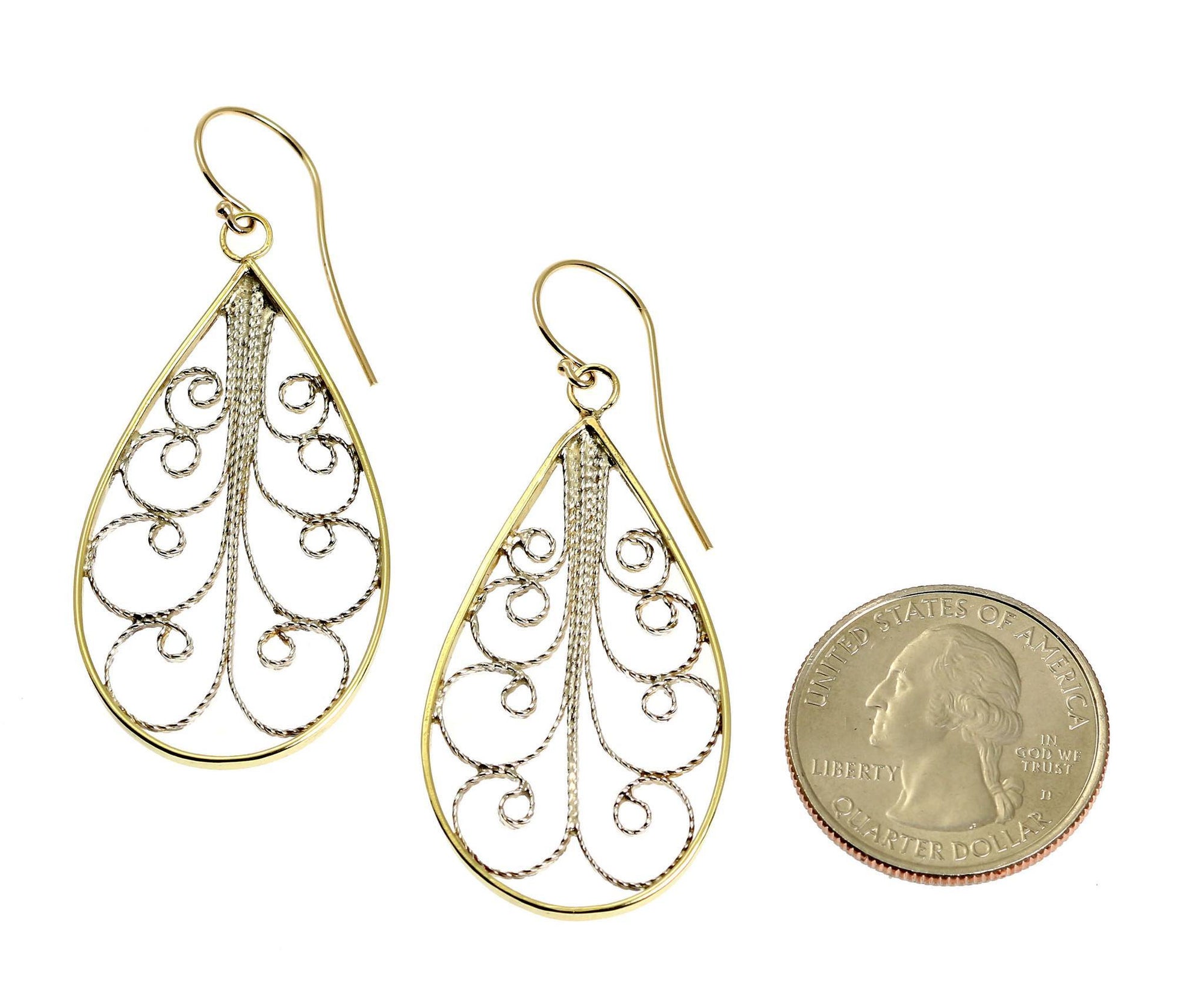 Size of 18K Gold Filigree Teardrop Earrings compared to a US Quarter Coin